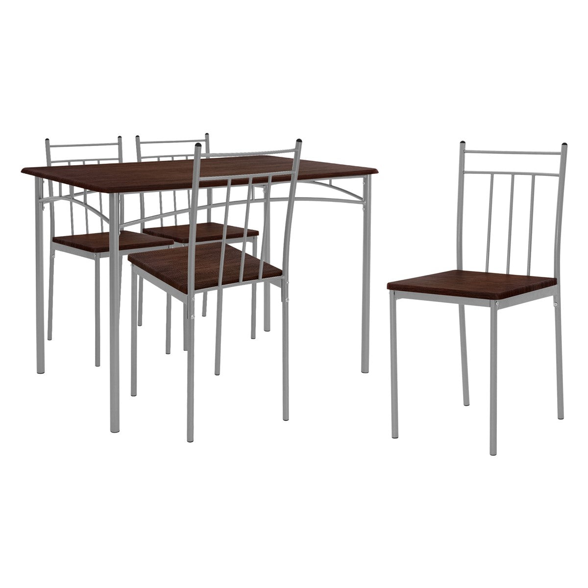 A dining table with four chairs in a room.