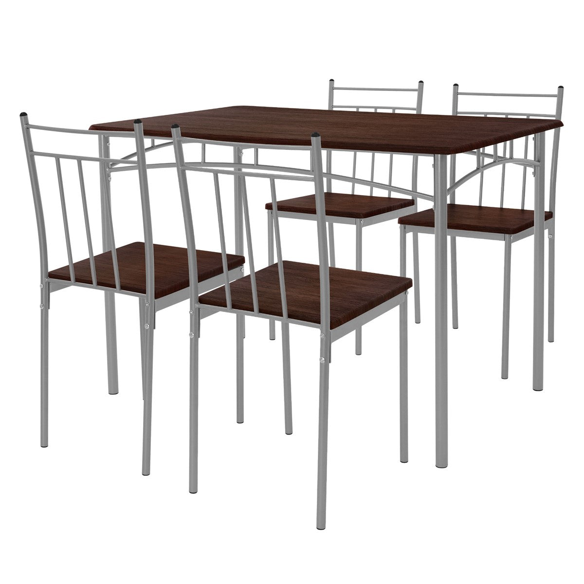 Mesa de comedor con cuatro sillas, todas con estructura metálica y superficie de madera.