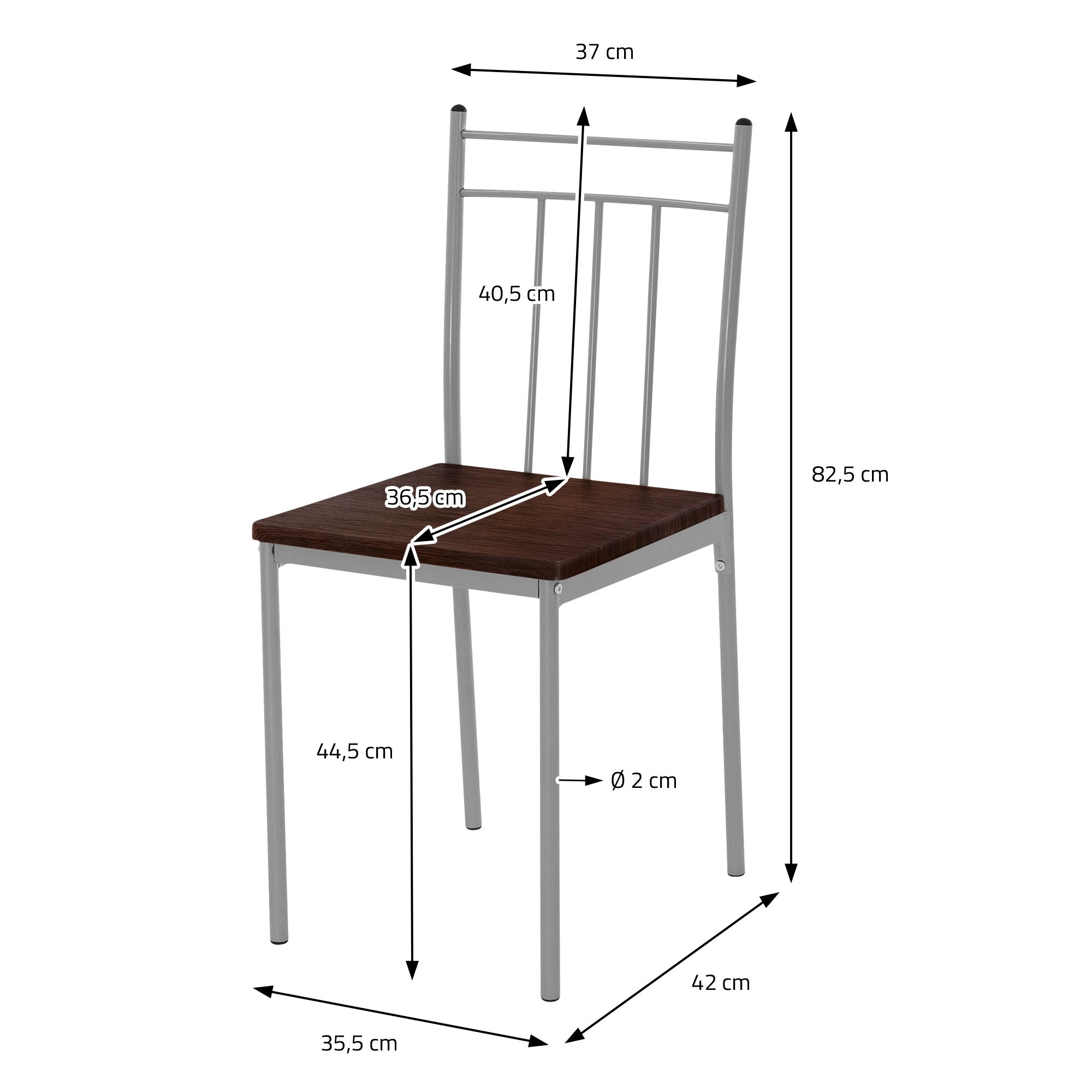 Maßzeichnung eines Stuhls mit Holzsitz und Metallgestell.