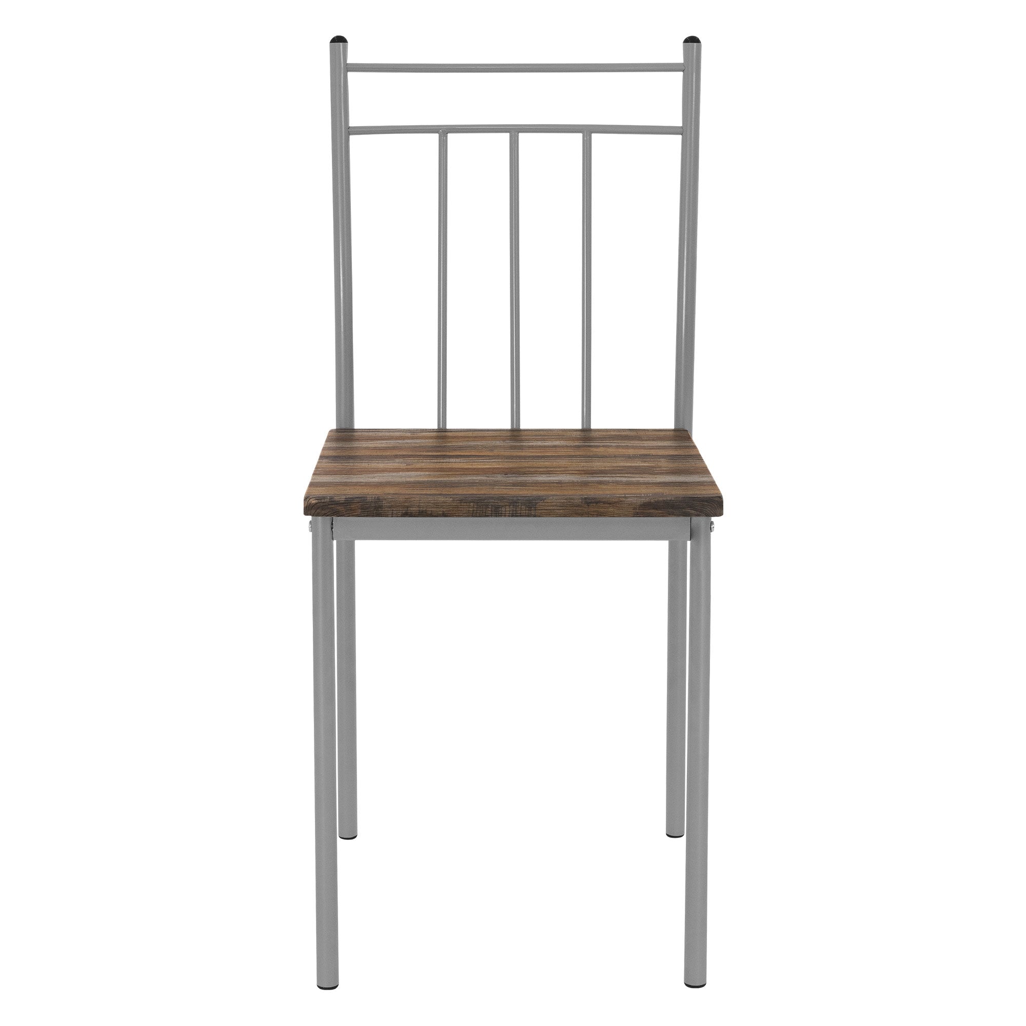 Stuhl mit Holzsitz und Metallgestell, frontal aufgenommen.