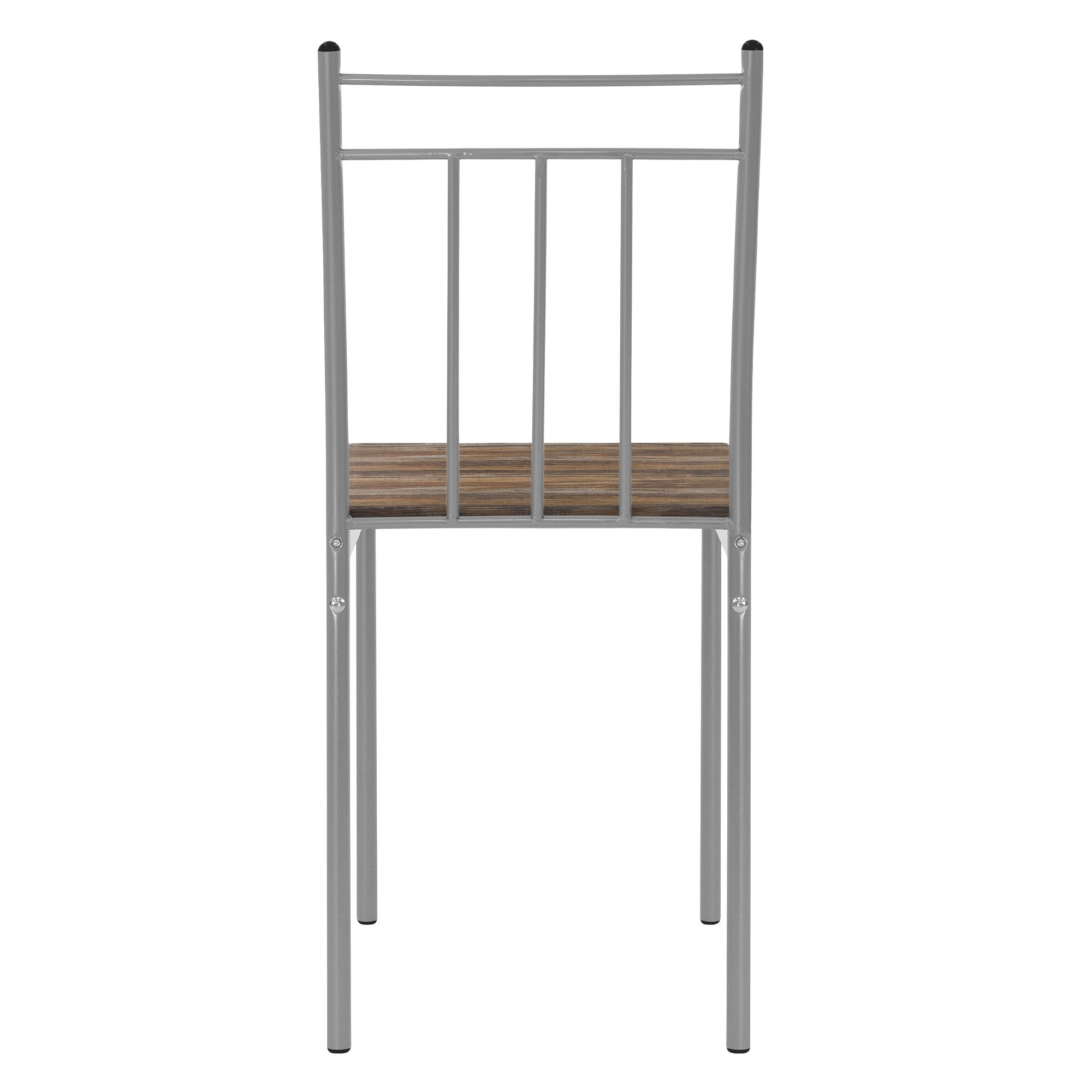 Rückansicht eines Stuhls mit einem Metallgestell und Holzsitzfläche.