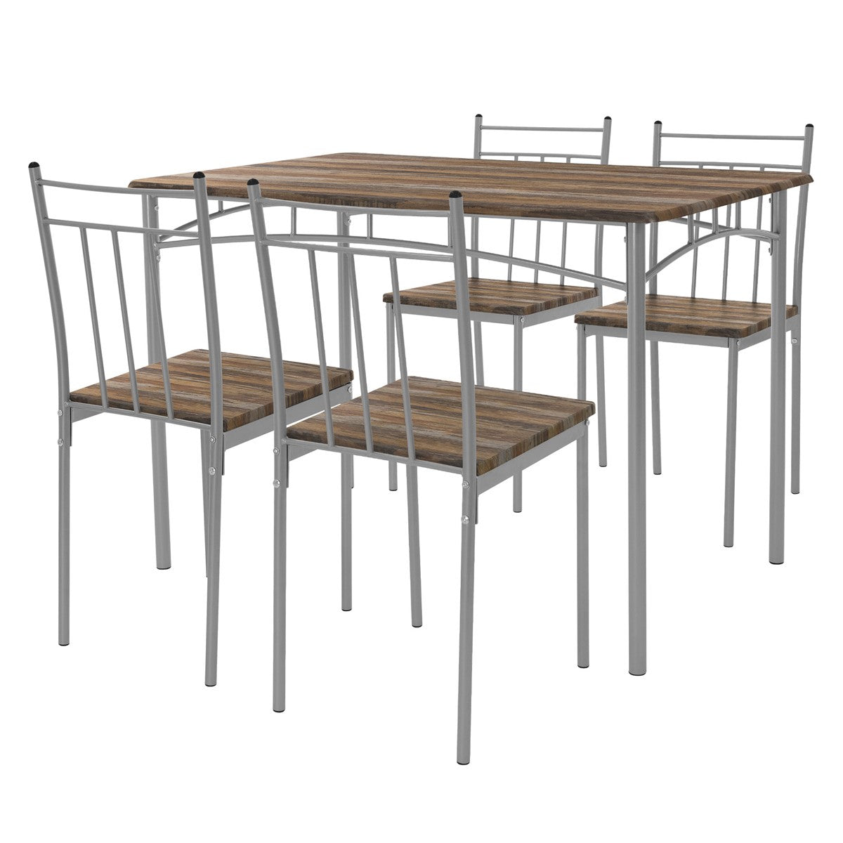 Jídelní stůl s pěti židlemi z kovu a dřeva v moderním designu.