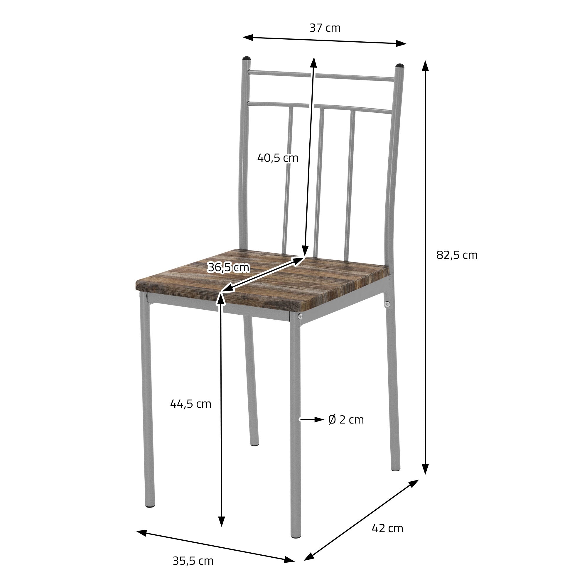 Stuhl mit Holzsitz und Metallgestell, Maße angegeben.