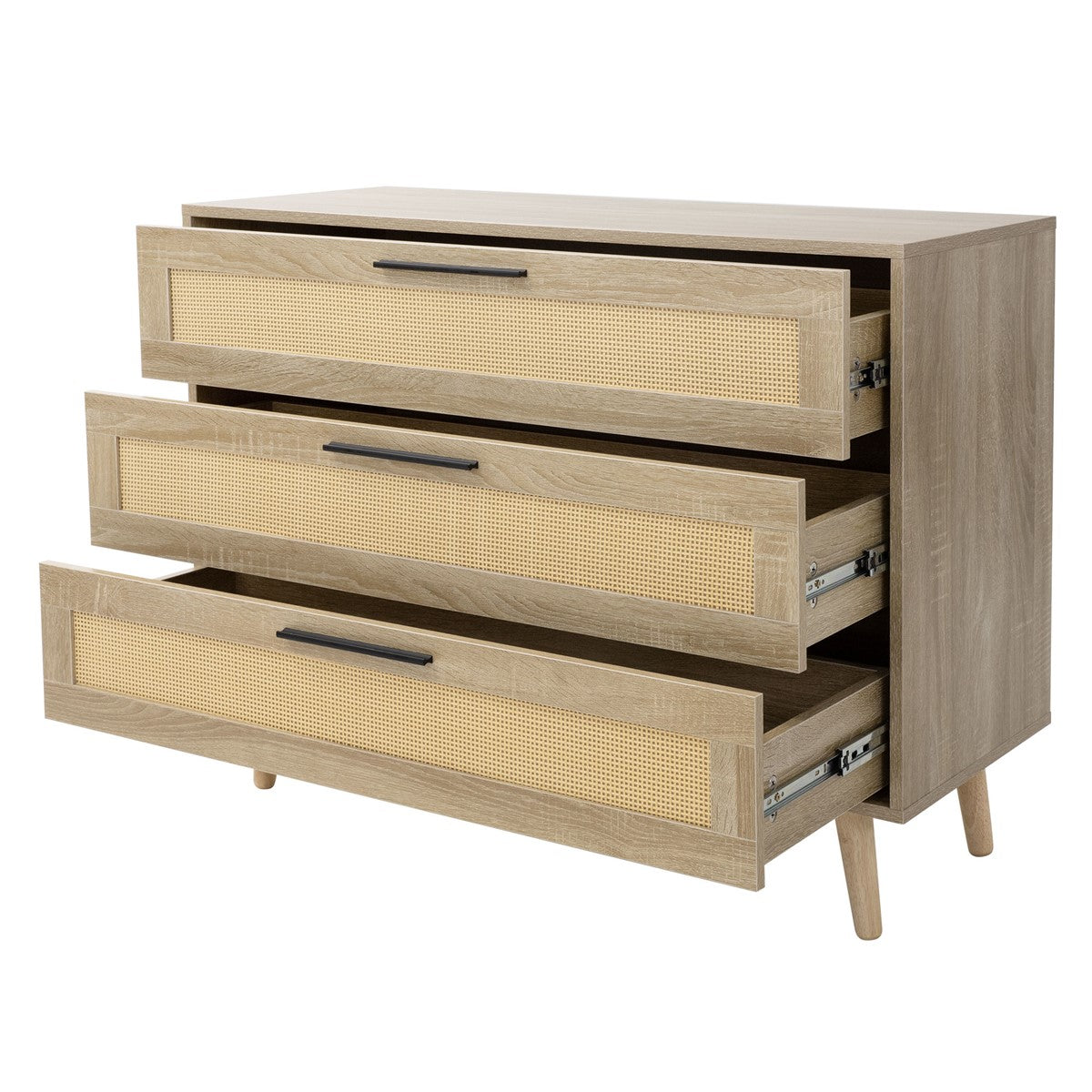 Kommode mit drei Schubladen aus Holz und Rattan.