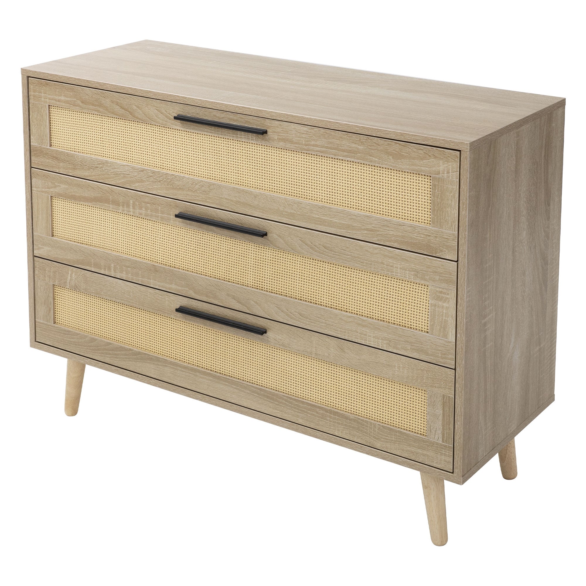 Holzkommode mit drei Schubladen und Rattan-Elementen, auf vier Beinen.