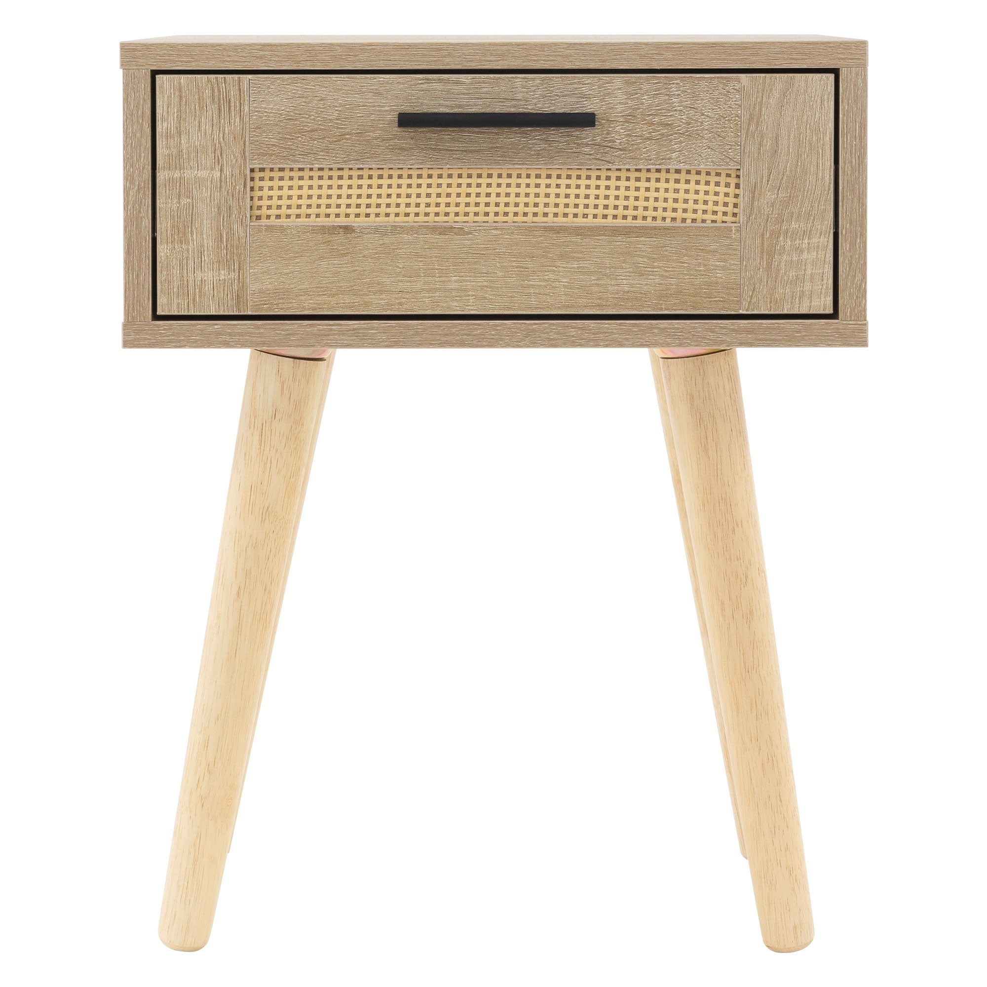 Holzschublade mit Rattan-Element und Holzbeinen.