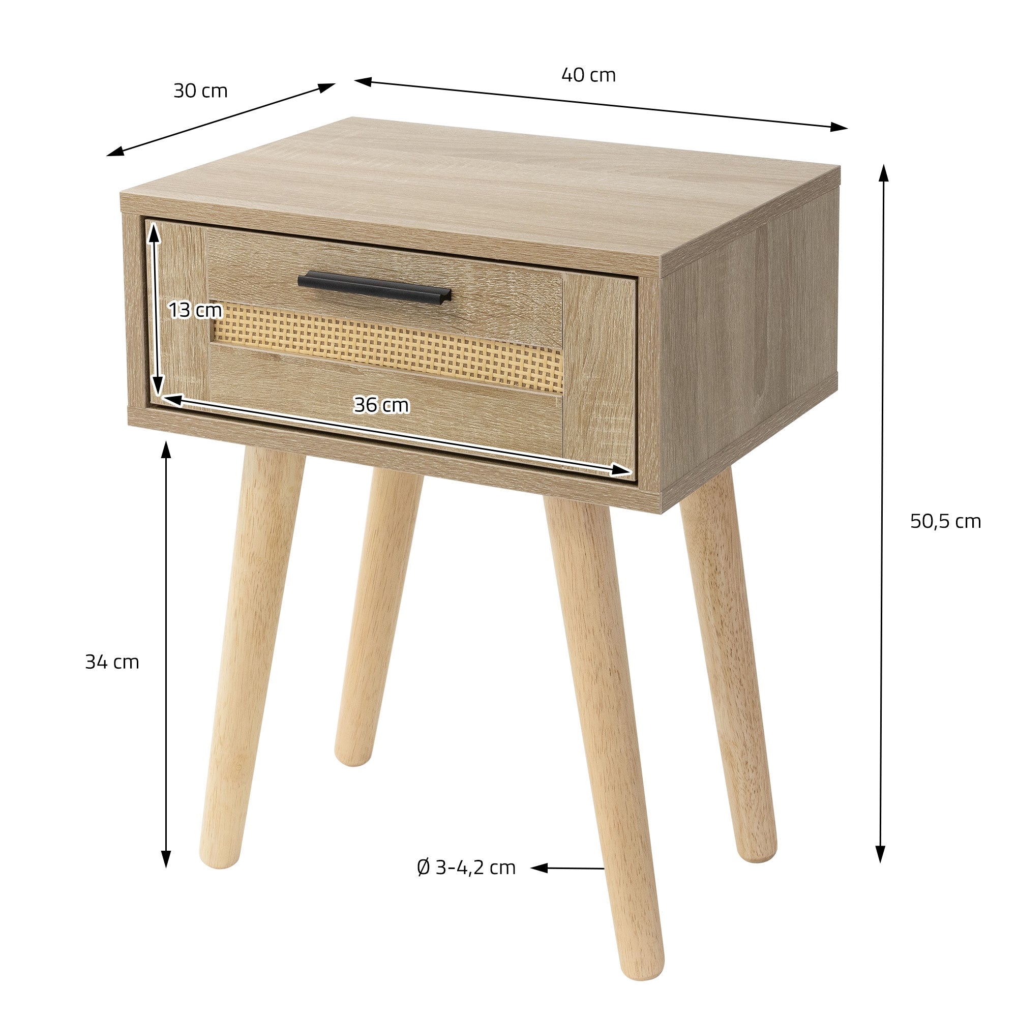 Maßzeichnung eines Nachttisches mit Schublade, Höhe 50,5 cm, Breite 40 cm, Tiefe 30 cm.