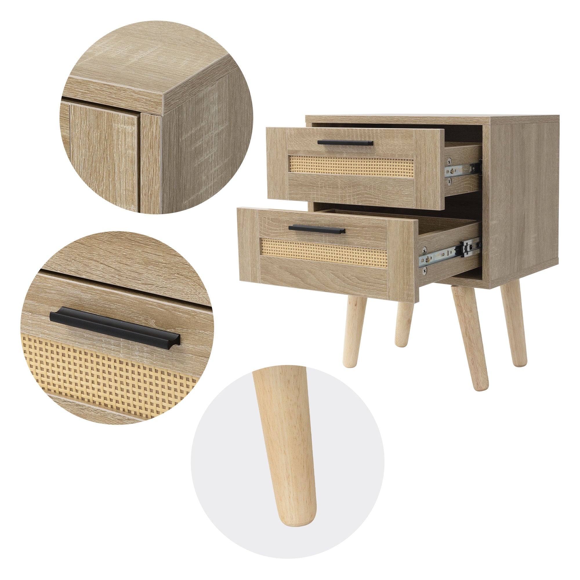 Close-up view of a wooden cabinet with two drawers and one leg.