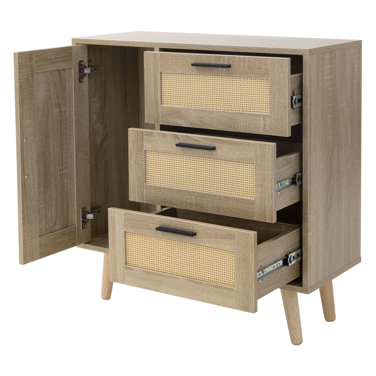 Holzschrank mit drei Schubladen und einer Tür, offen gezeigt.