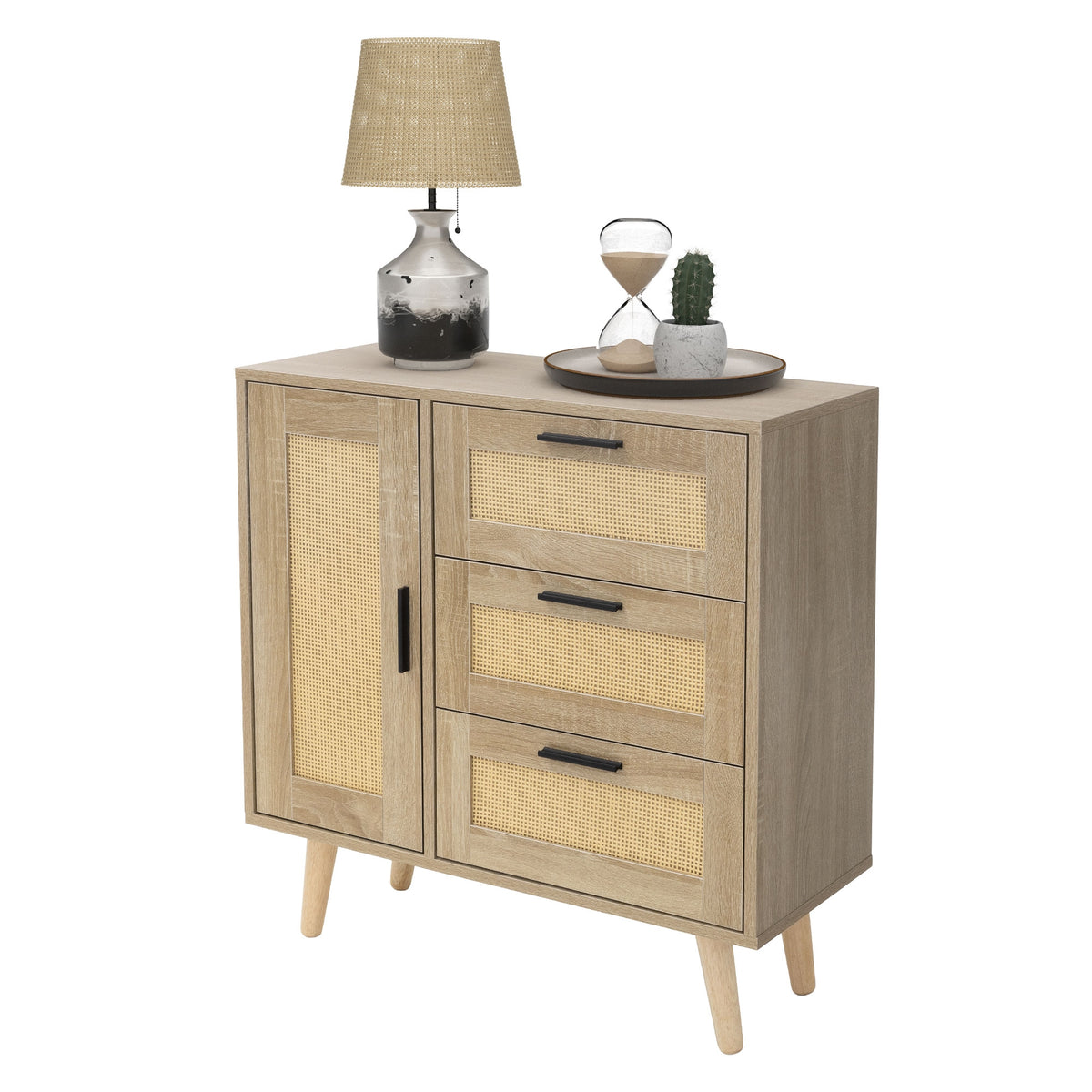 Ein Holzschrank mit zwei Türen, drei Schubladen, einer Lampe und einer Sanduhr auf einem Tisch.