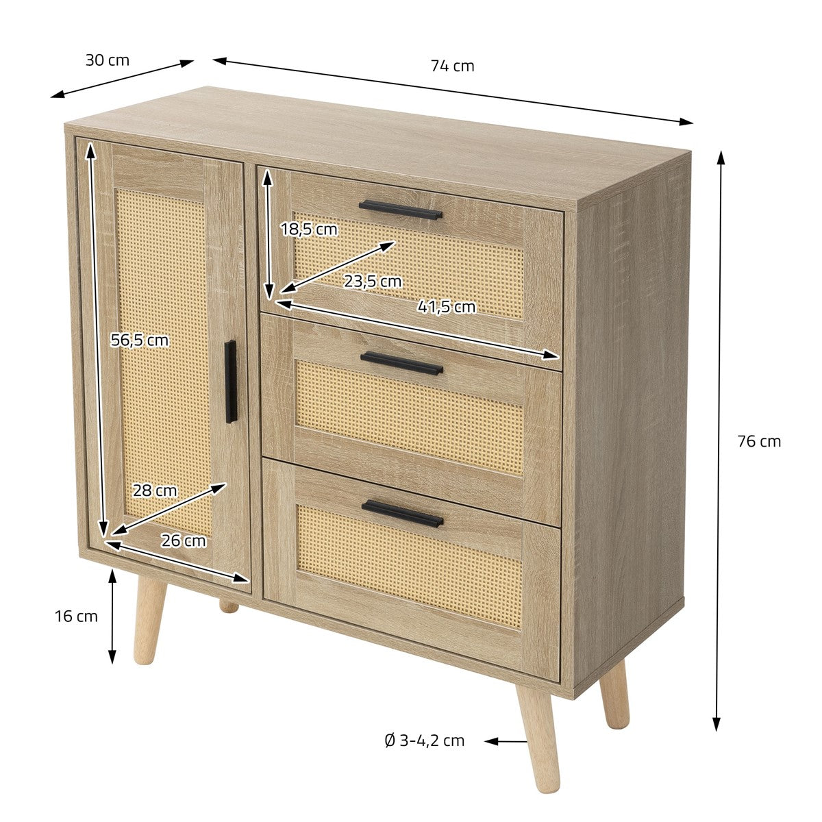 Holzschrank mit zwei Türen und drei Schubladen, Maße und Details eingezeichnet.