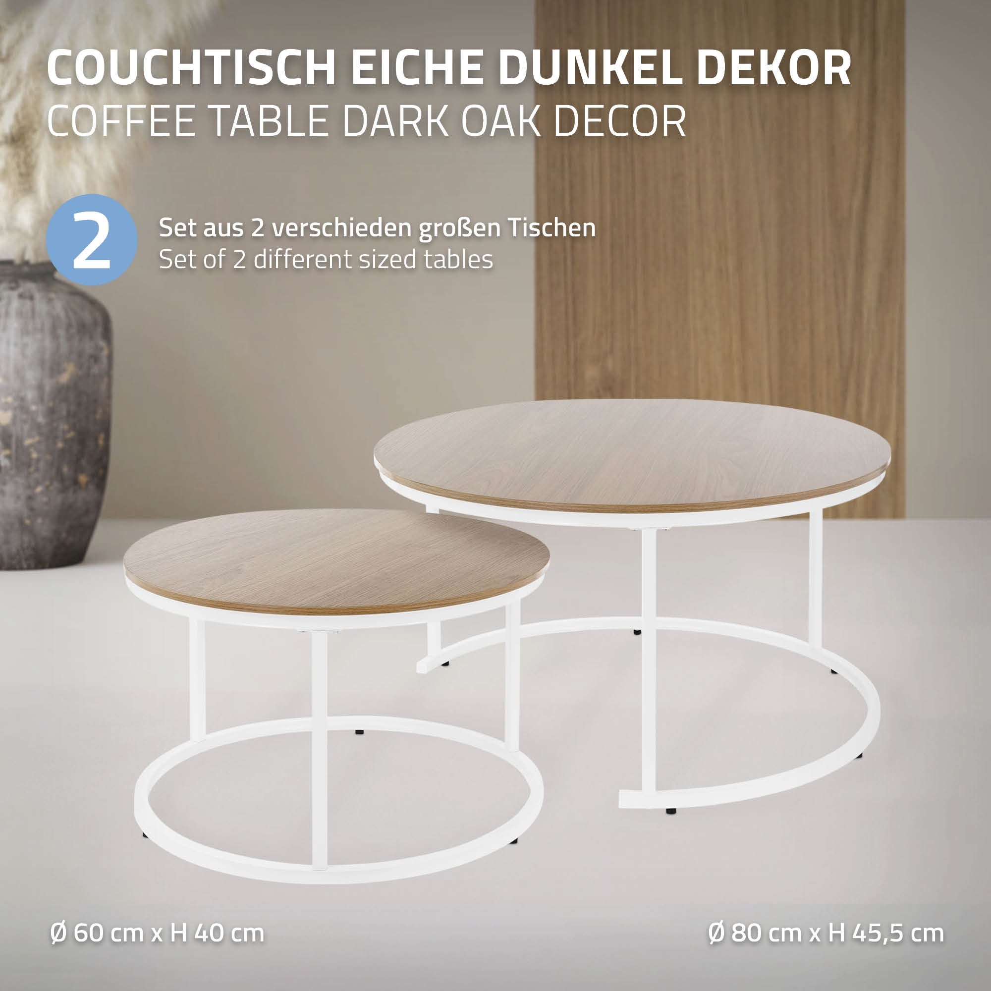 Zwei Couchtische in verschiedenen Größen, mit hellen und dunklen Oberflächen.