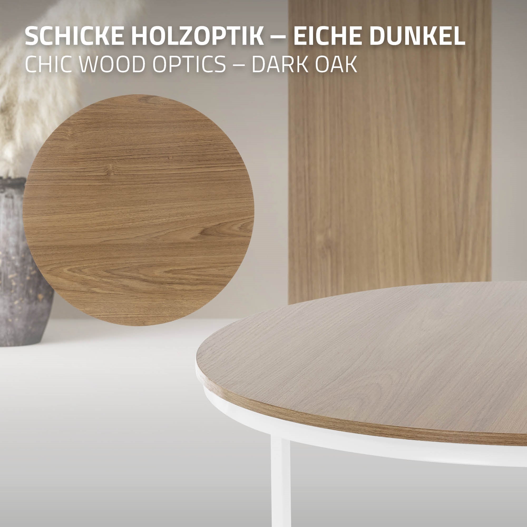 Tischplatte in dunkler Holzoptik, mit zwei verschiedenen Holzoberflächen.