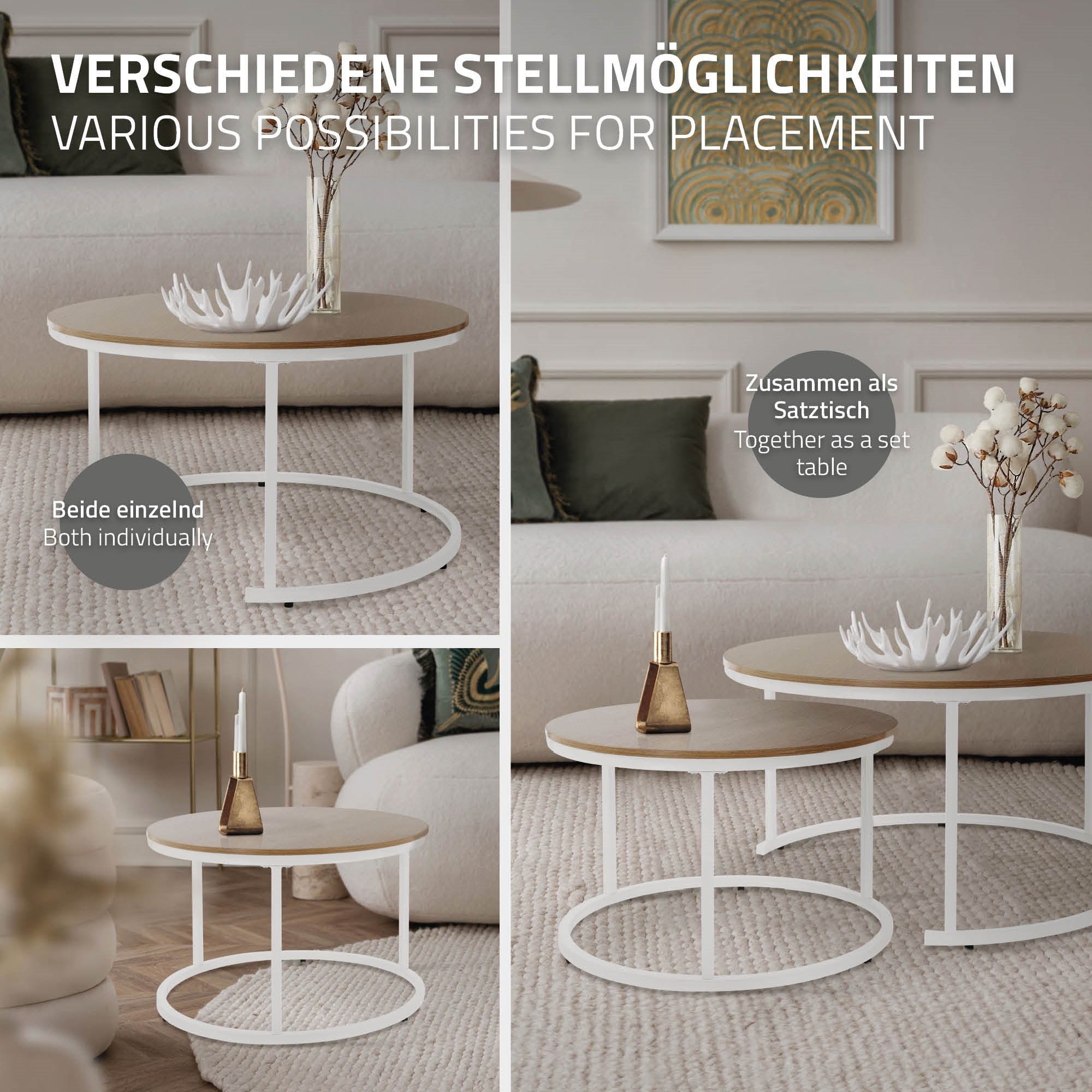 Deux tables basses de différentes tailles, décorées avec des bougies et des plantes.