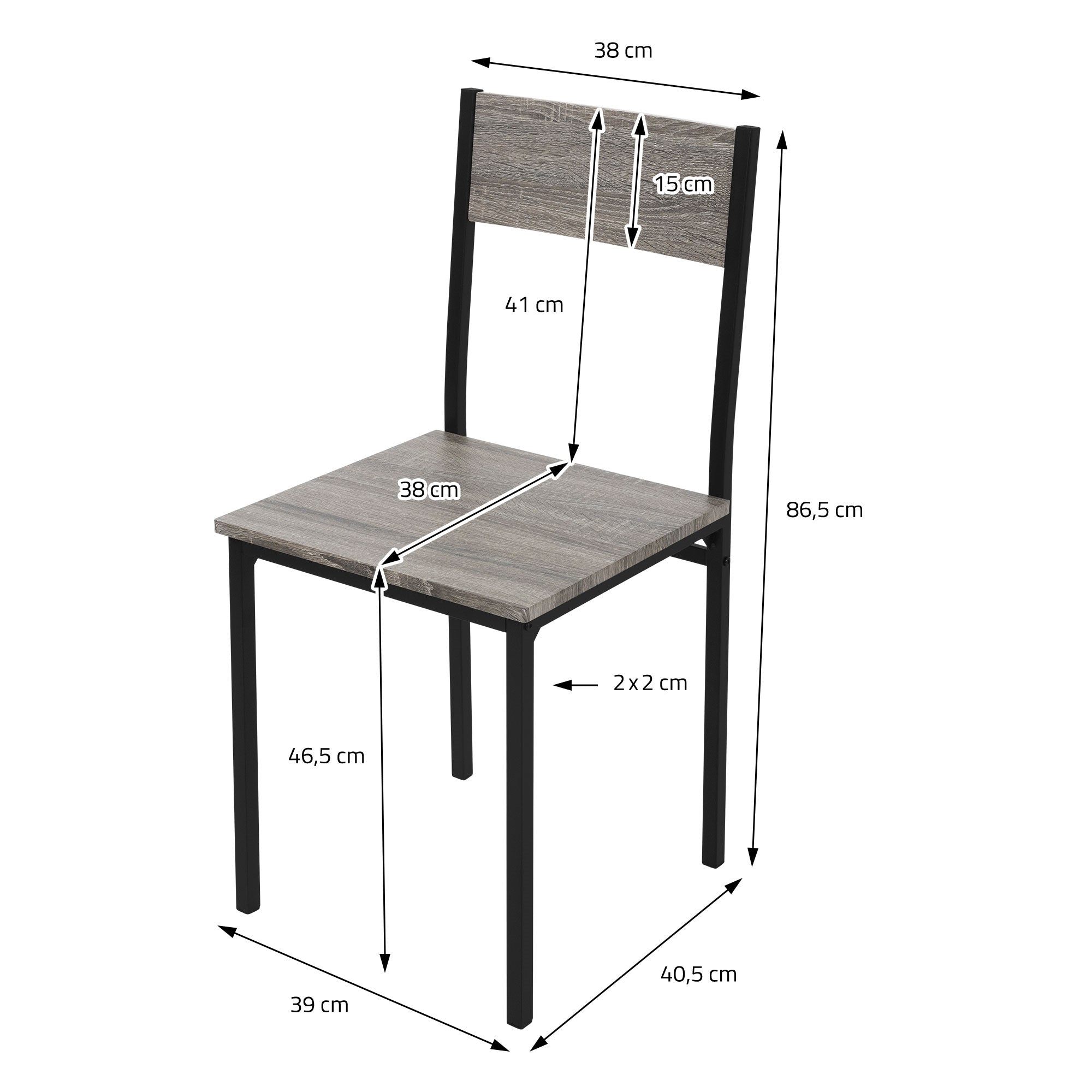 Wooden chair with metallic frame, dimensions and details are drawn.
