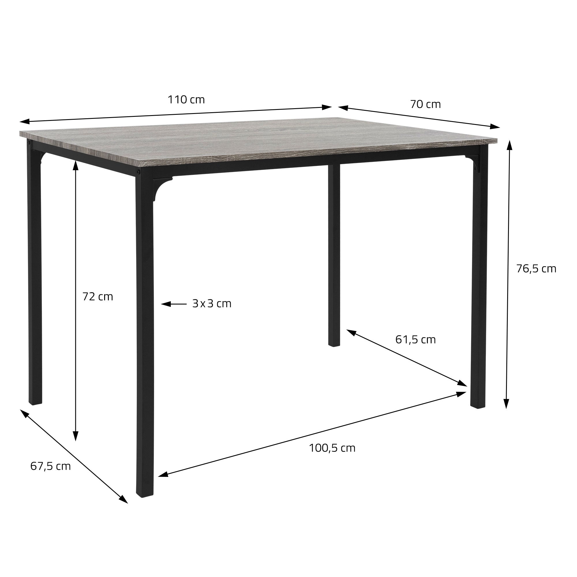 A rectangular table with wooden plate and black metal frame, dimensions specified.
