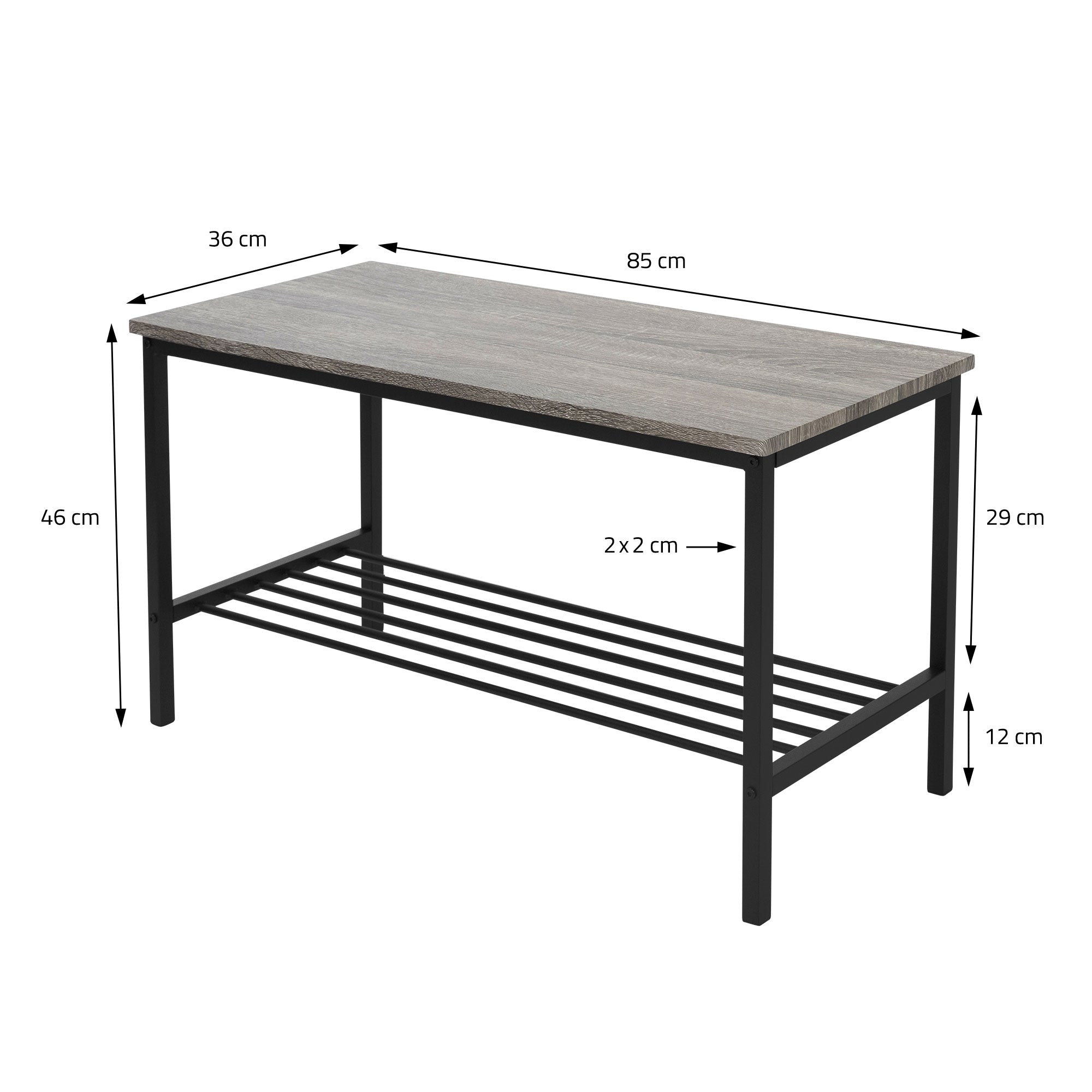 A rectangular table with a gray tabletop and black frame, dimensions provided.