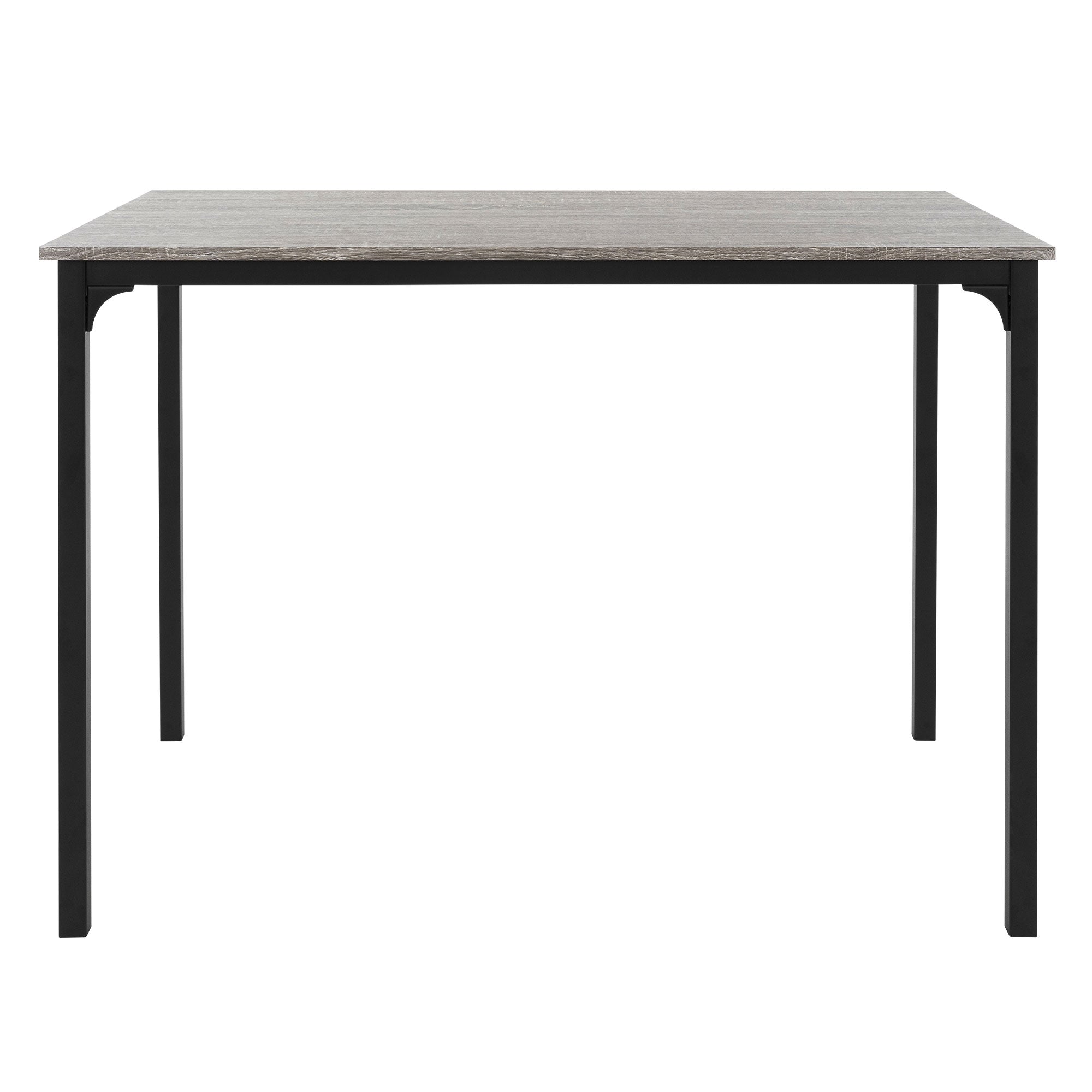 A rectangular table with gray tabletop and black legs.