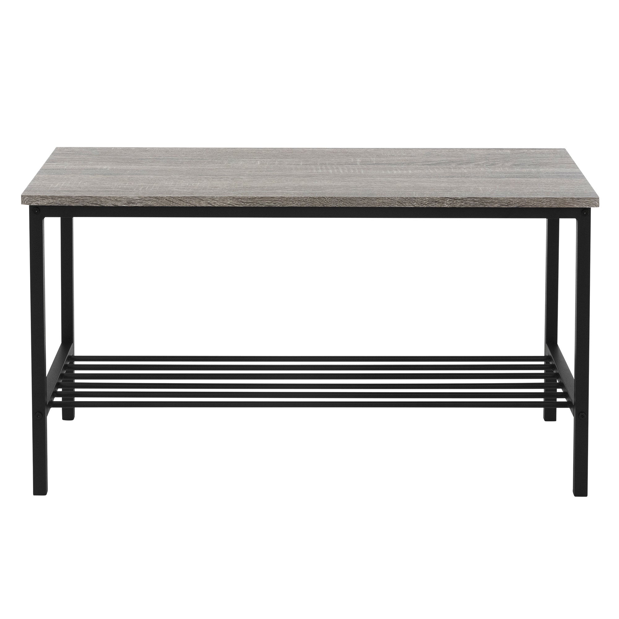Black table with gray wooden top and shelf, on wooden floor.