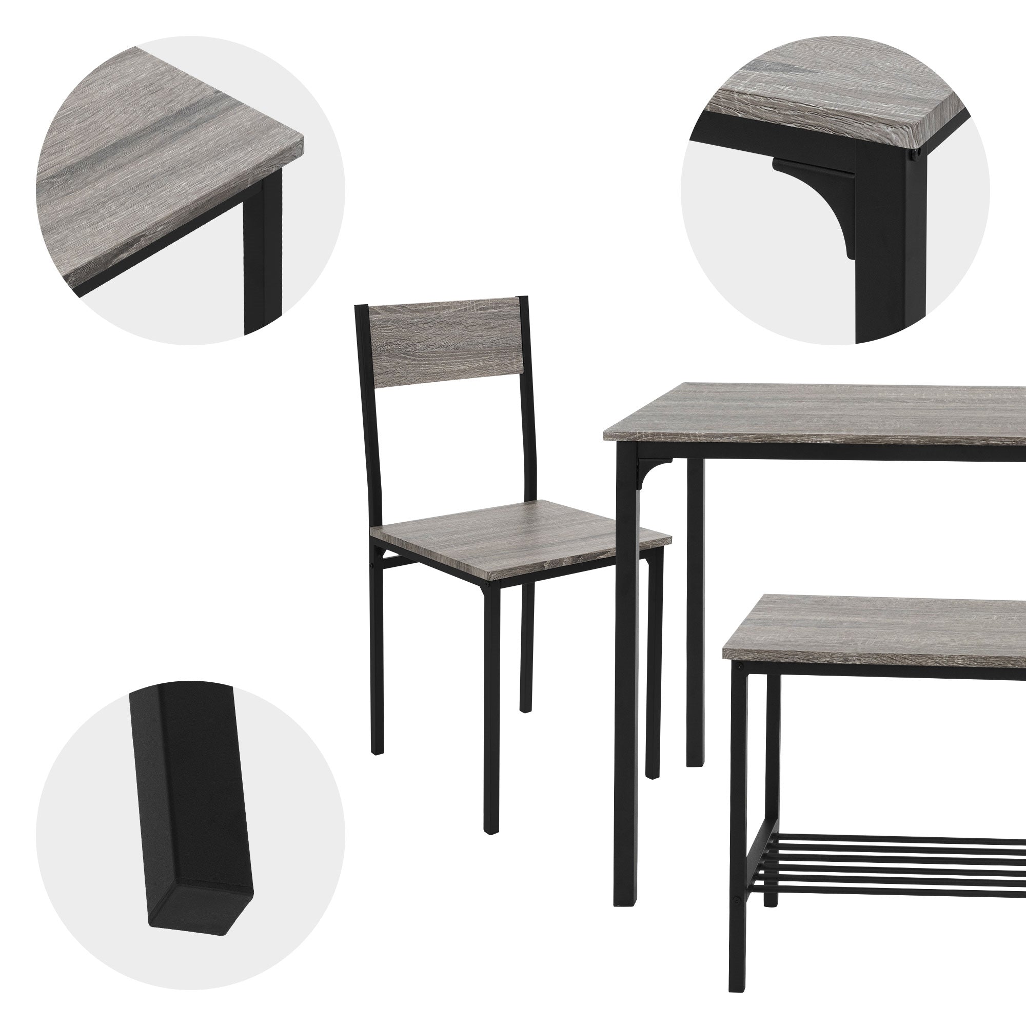 A table and a chair with gray wooden surface and black frame.