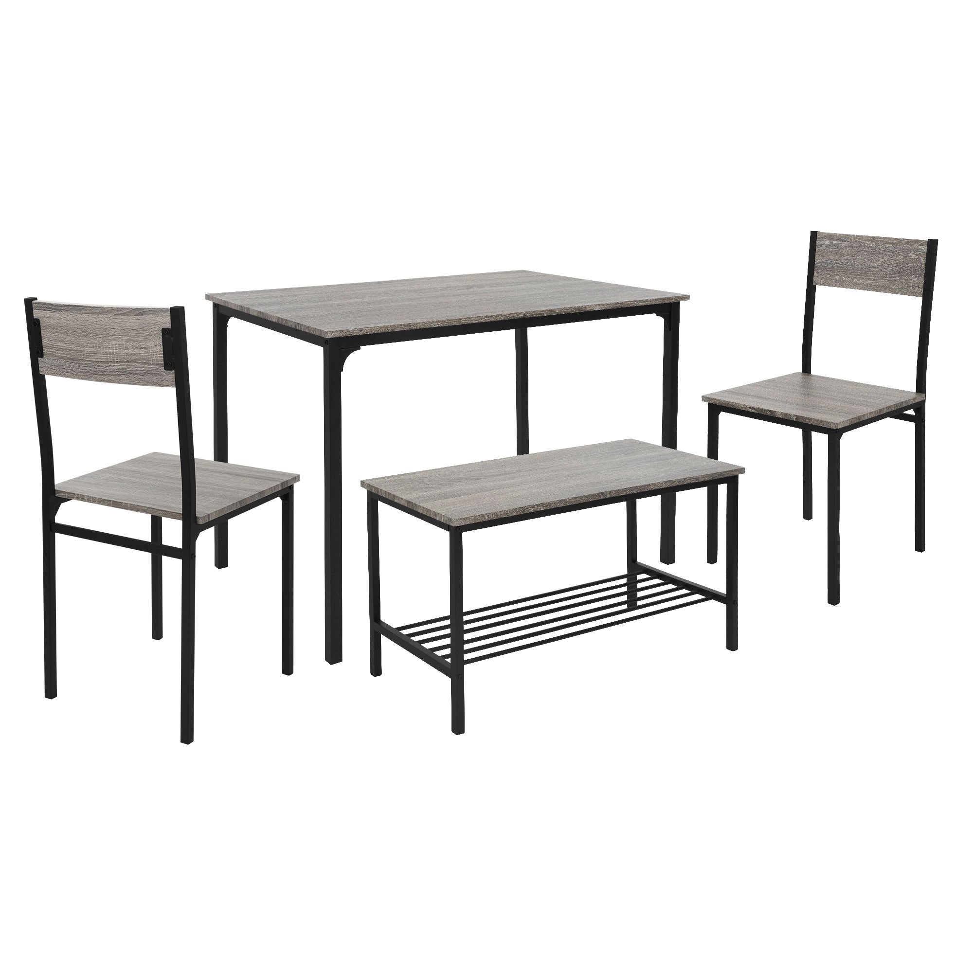 A dining table with two chairs and a bench in wood look and black frame.