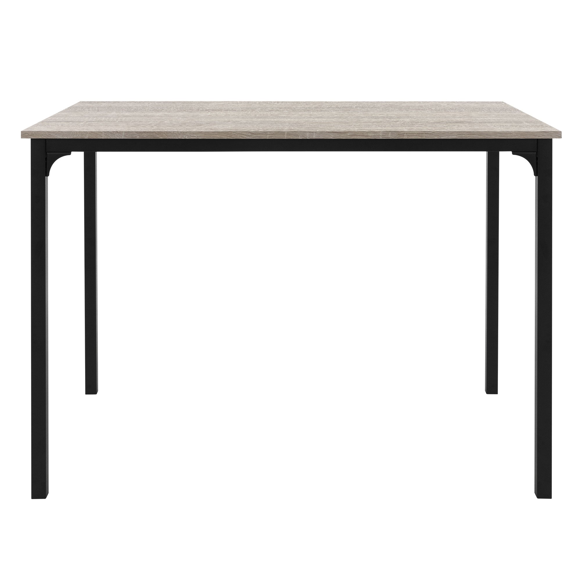 Ein rechteckiger Tisch von vorne, mit Holzplatte und schwarzem Gestell.