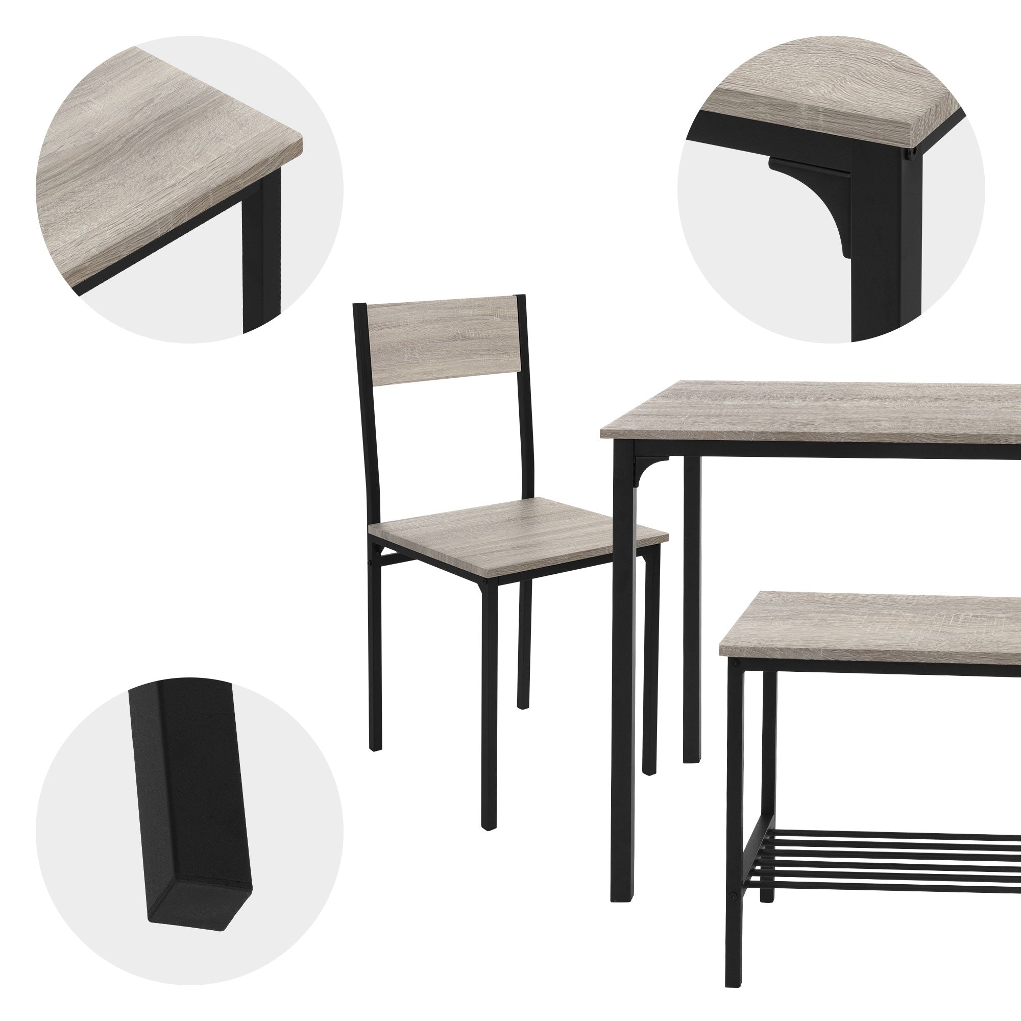 Detailansicht eines Esstischsets mit Stuhl und Bank in Holzoptik.