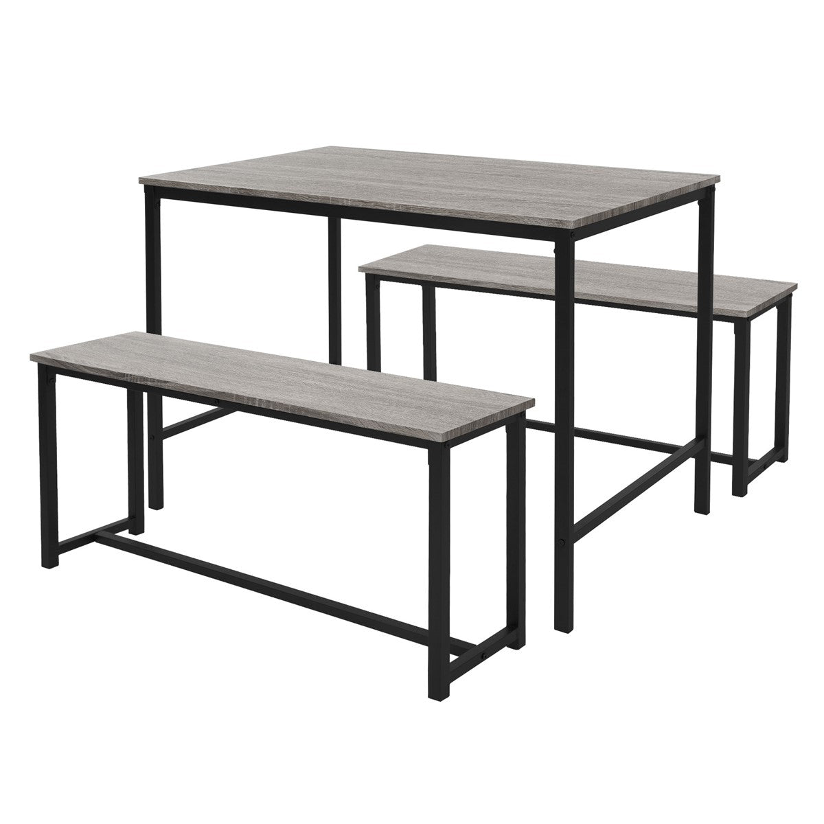 Esstisch-Set mit einem Tisch und zwei Bänken in grauem Holz und schwarzem Gestell.