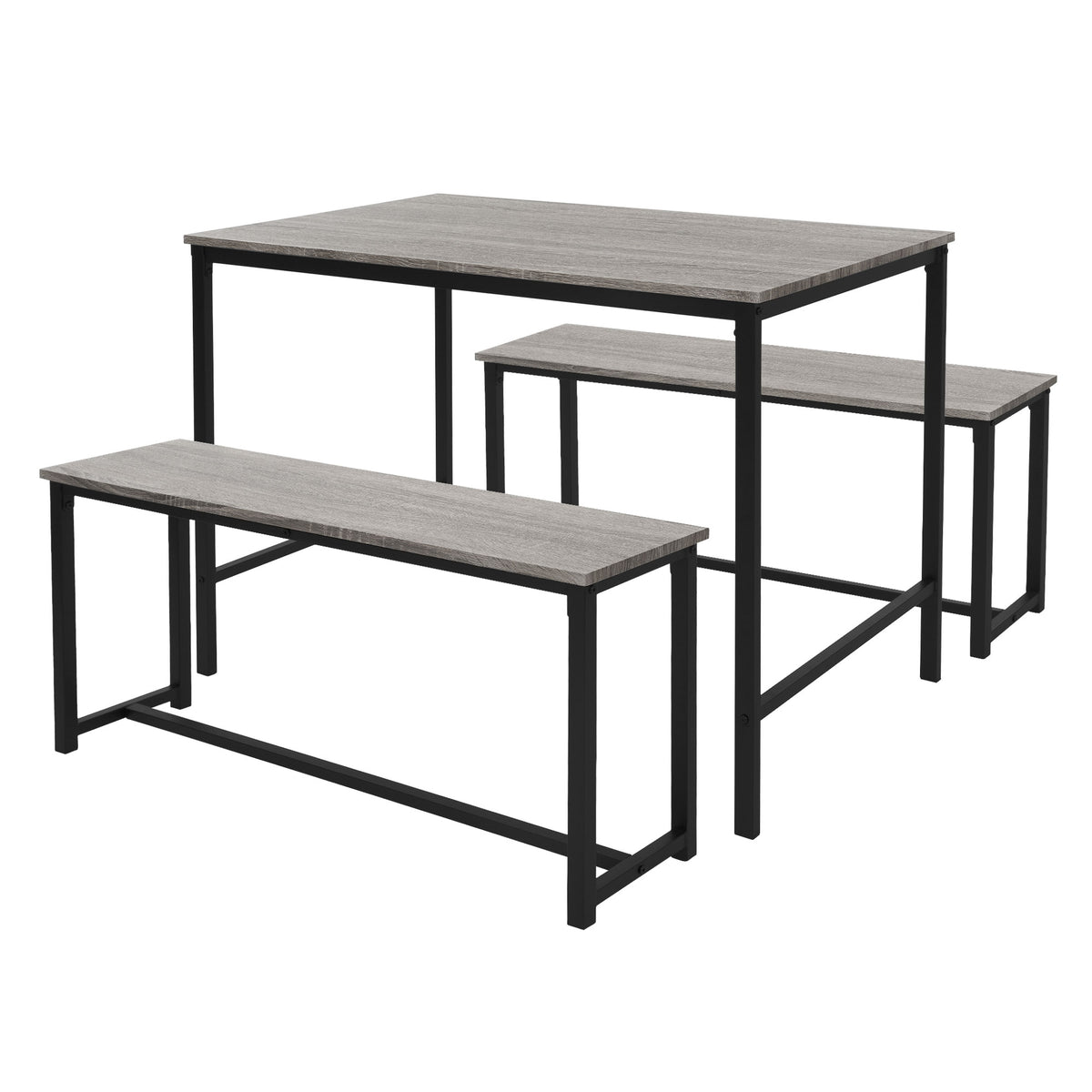 Set da pranzo con un tavolo e due panche in legno grigio e struttura nera.