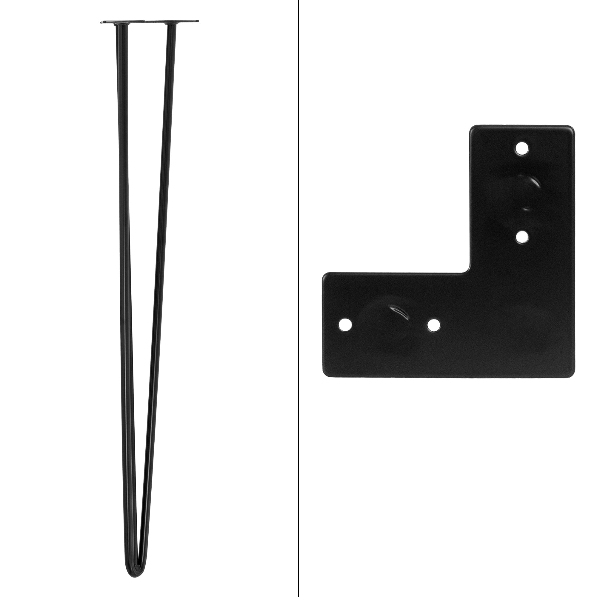 Zwei schwarze Tischbeine und eine schwarze Halterung.
