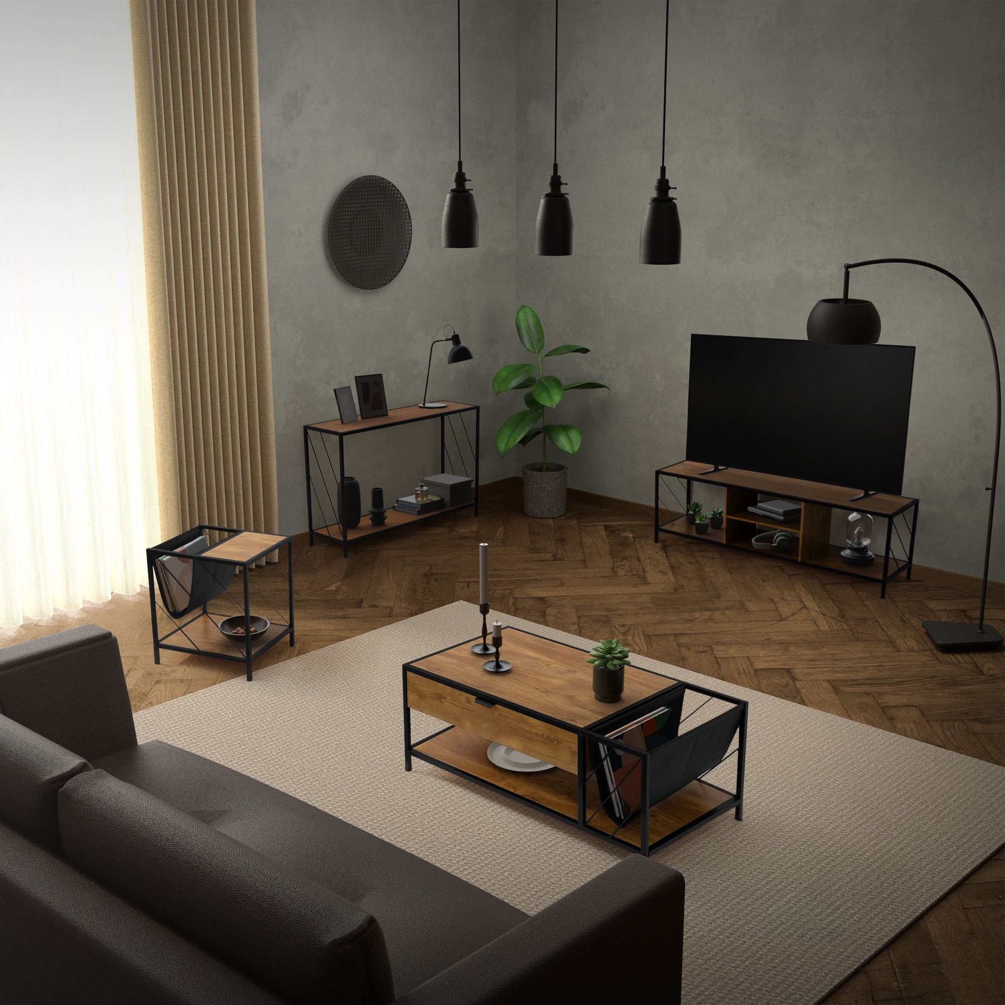 Ein Wohnzimmer mit Möbeln, Pflanzen und Fernseher in einem modernen Stil.