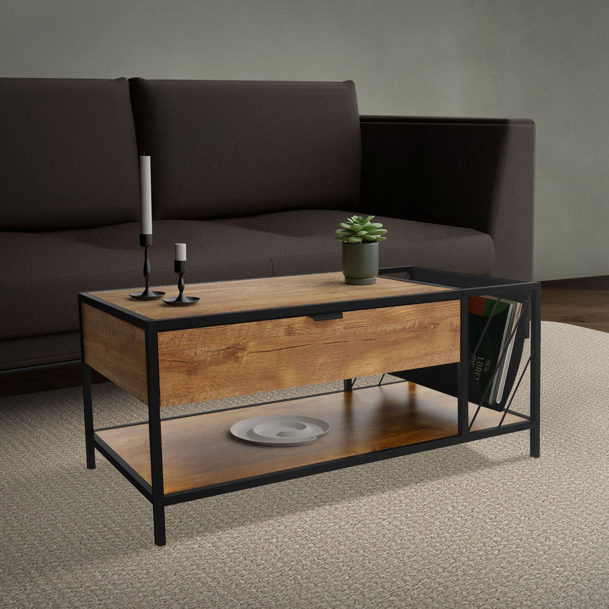A coffee table with a drawer and a plant on the surface.