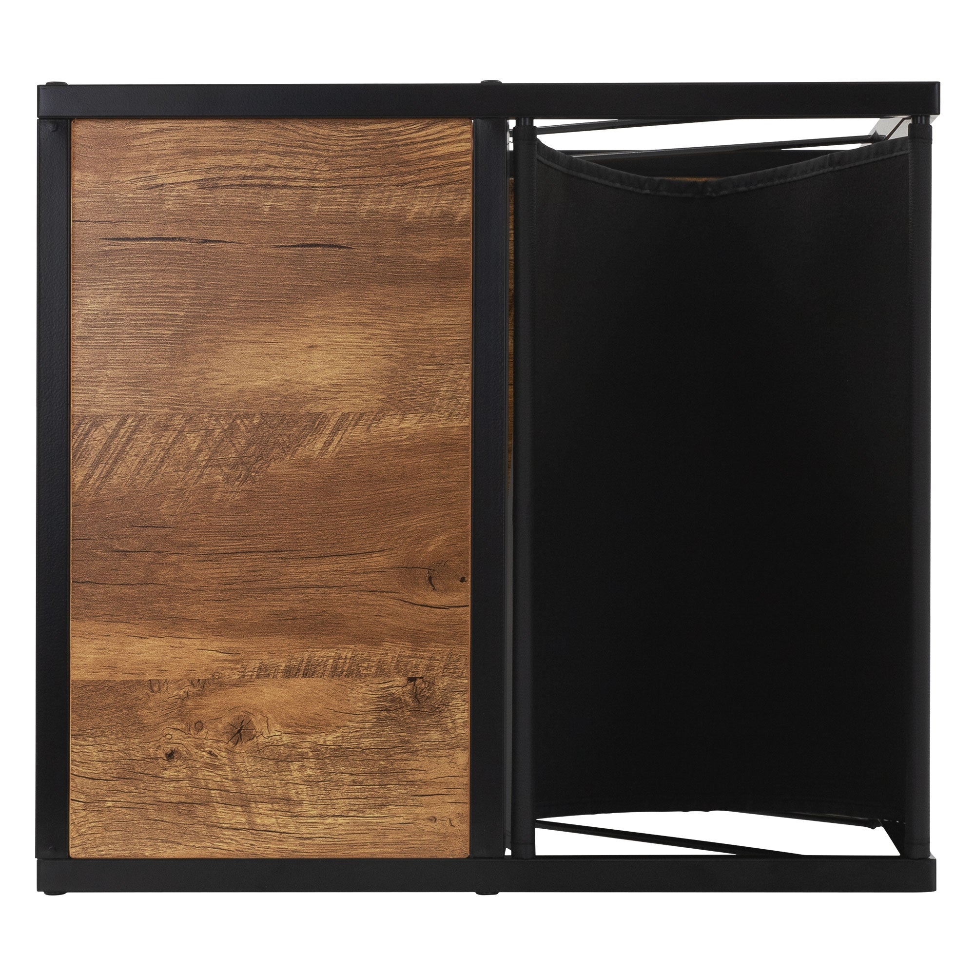 Un meuble avec un plateau en bois et un côté en tissu noir.