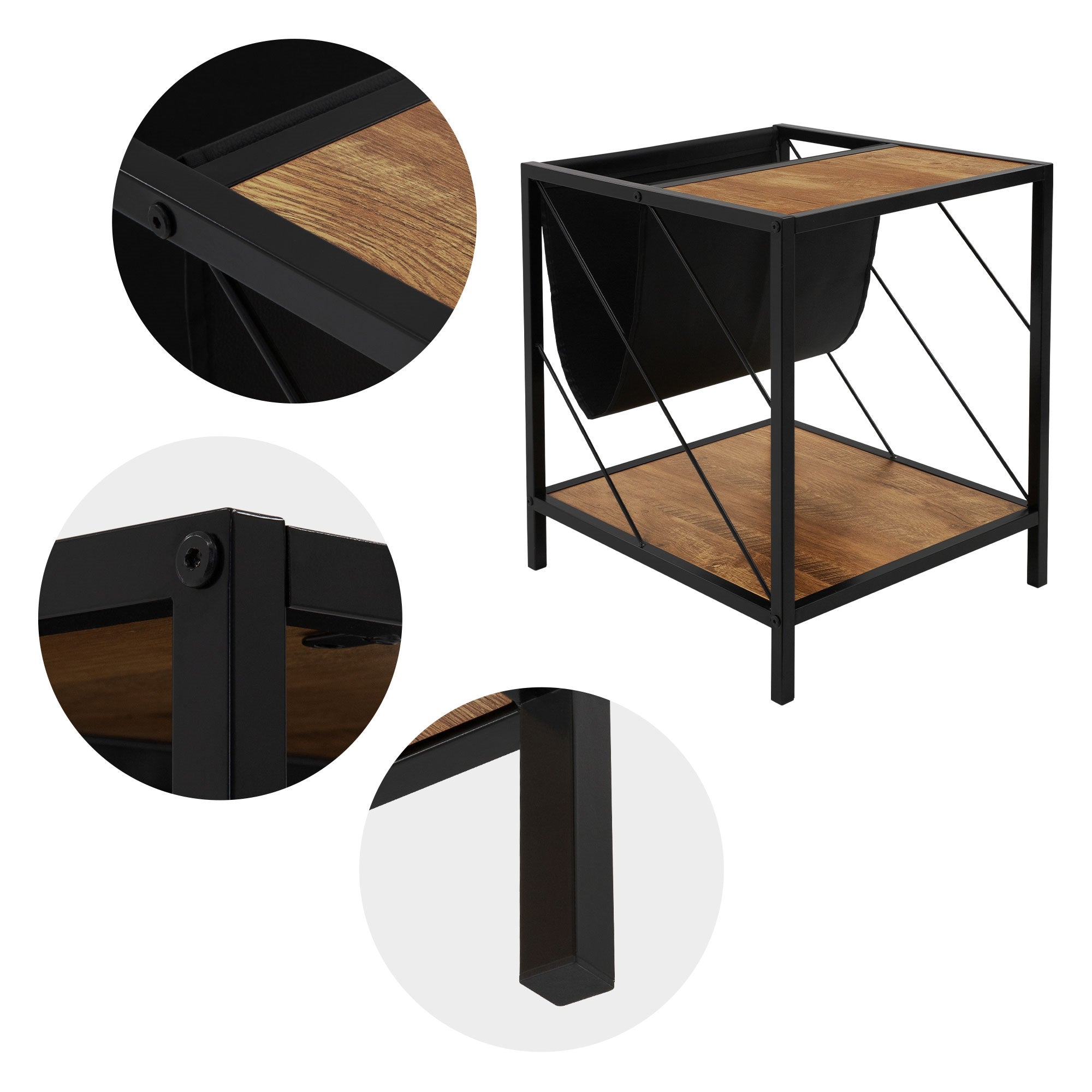 Gros plan d'une table d'appoint avec plateau en bois et cadre noir.