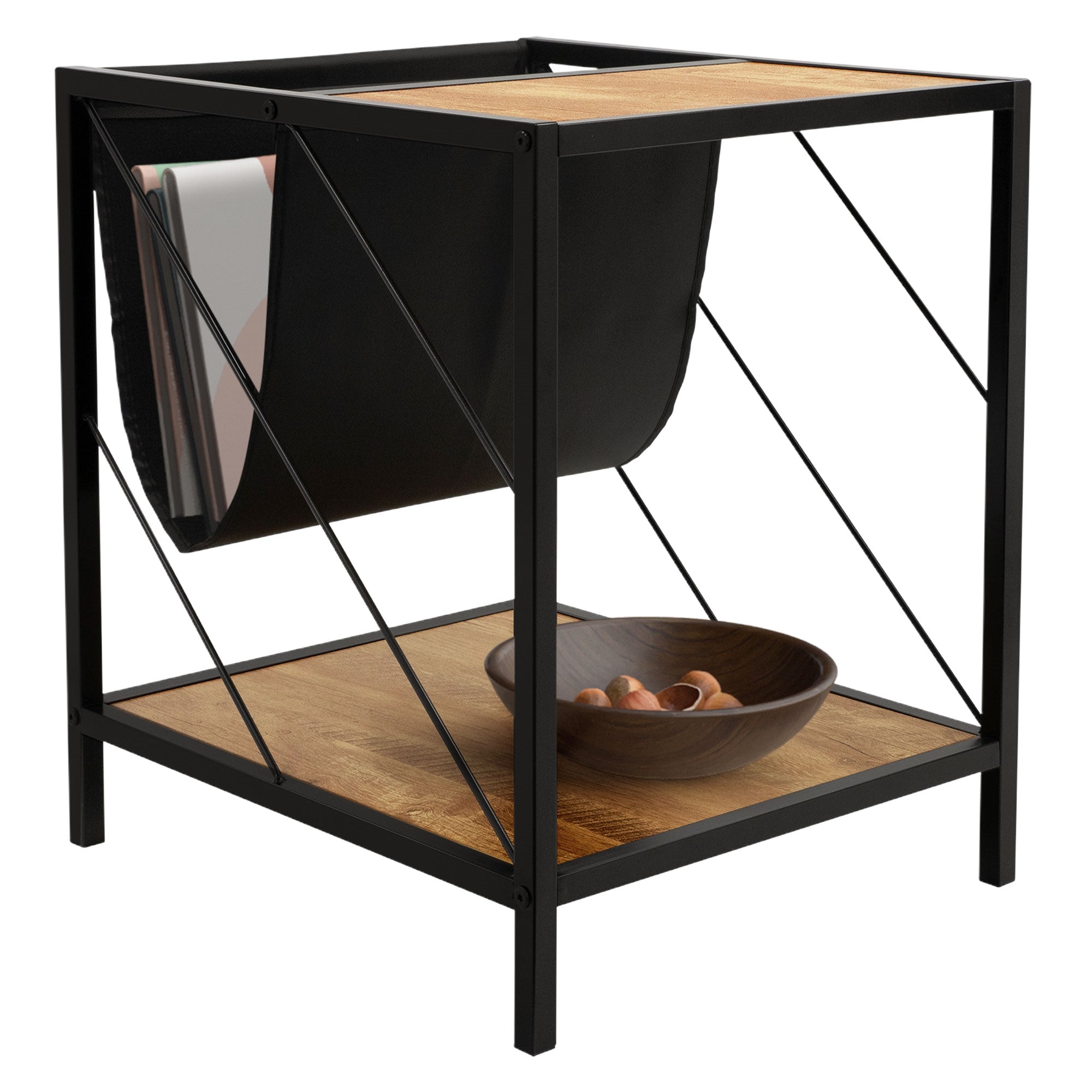 Une petite table avec un bol et un compartiment pour des magazines.