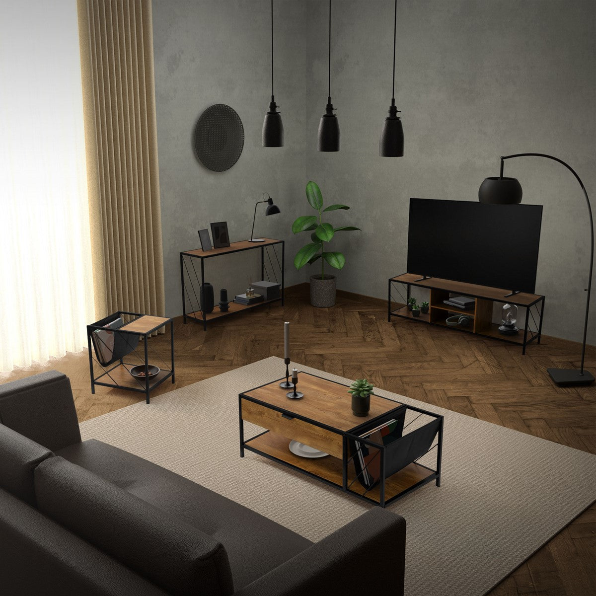 Wohnzimmer mit Konsolentisch, Couchtisch, Sofa und Fernseher in modernem Design.