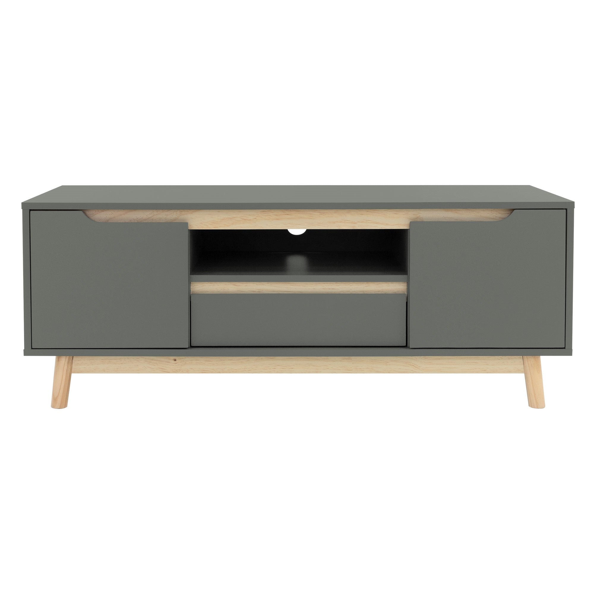 Ein grauer TV-Schrank mit zwei Türen und einem offenen Fach.