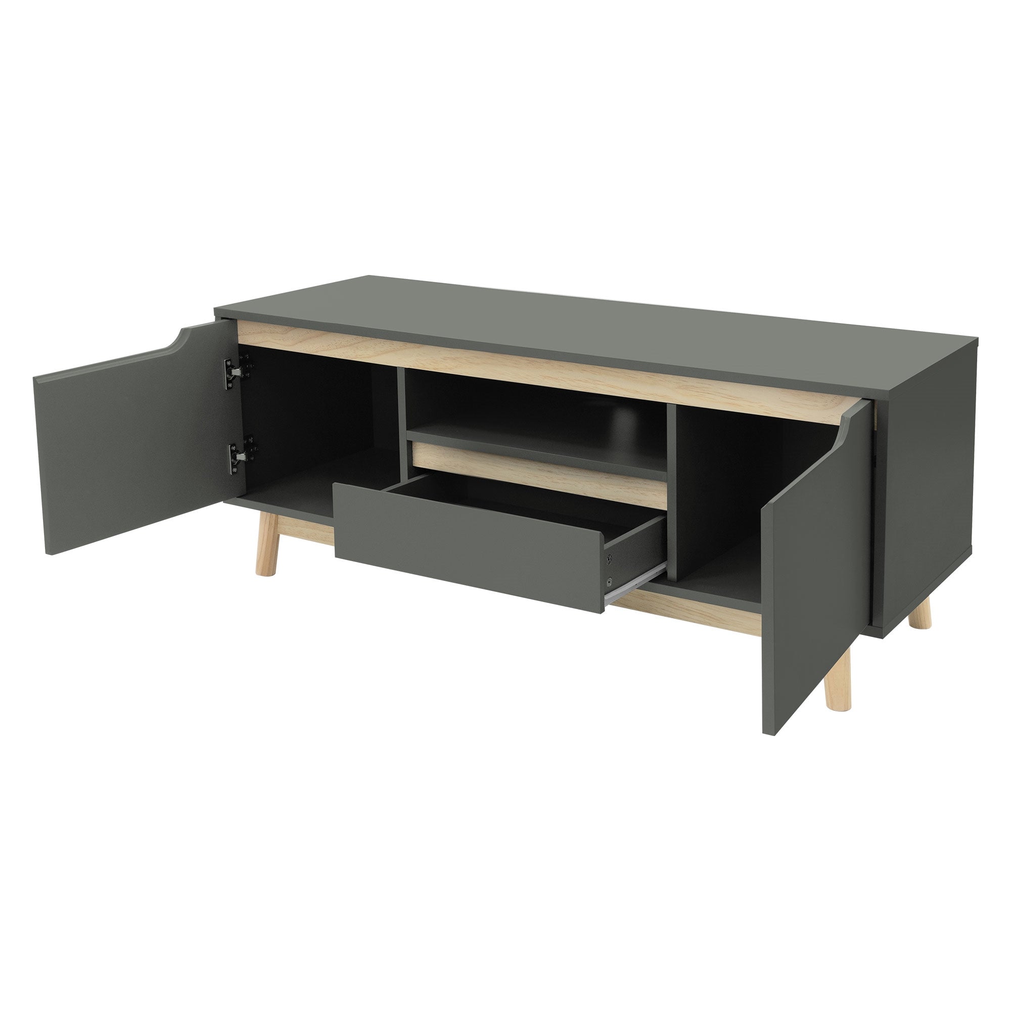 Fernsehschrank mit offenen Fächern und Schublade, Türen geöffnet.