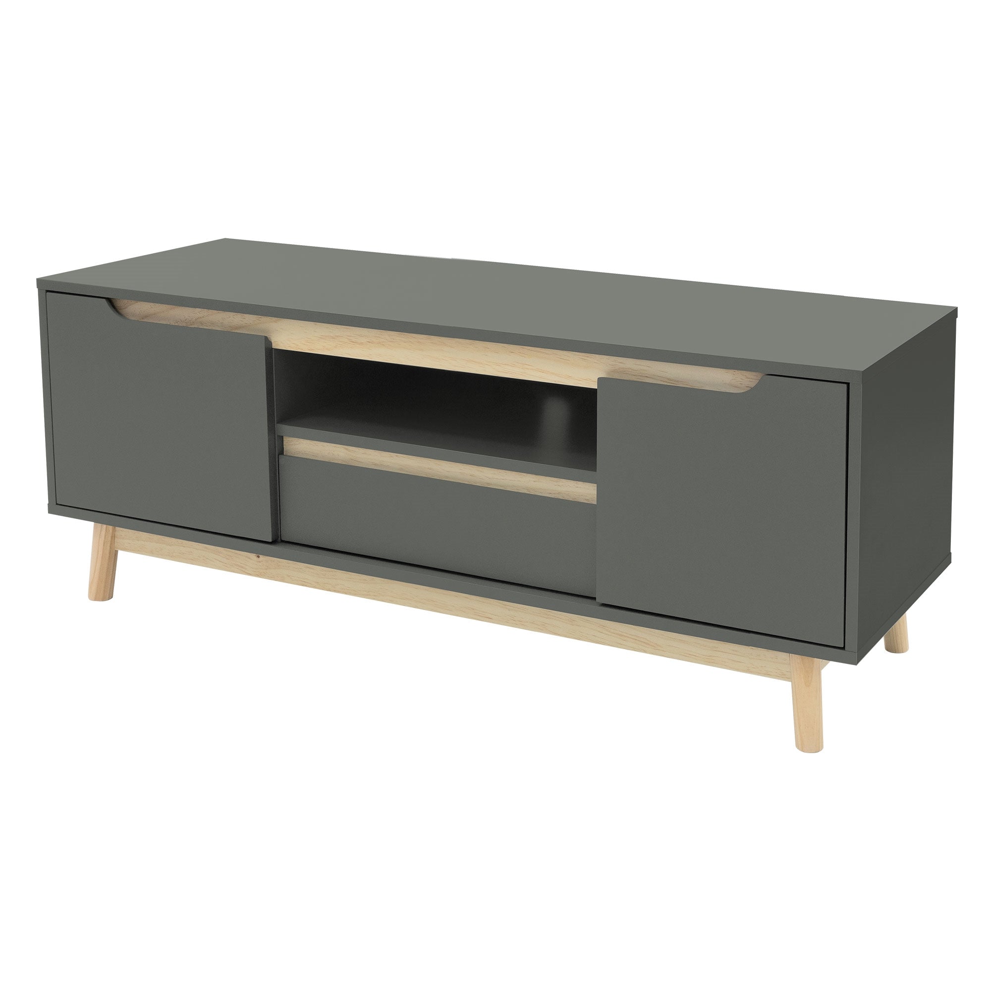 Ein grauer TV-Schrank mit zwei geschlossenen Türen und einem offenen Fach.