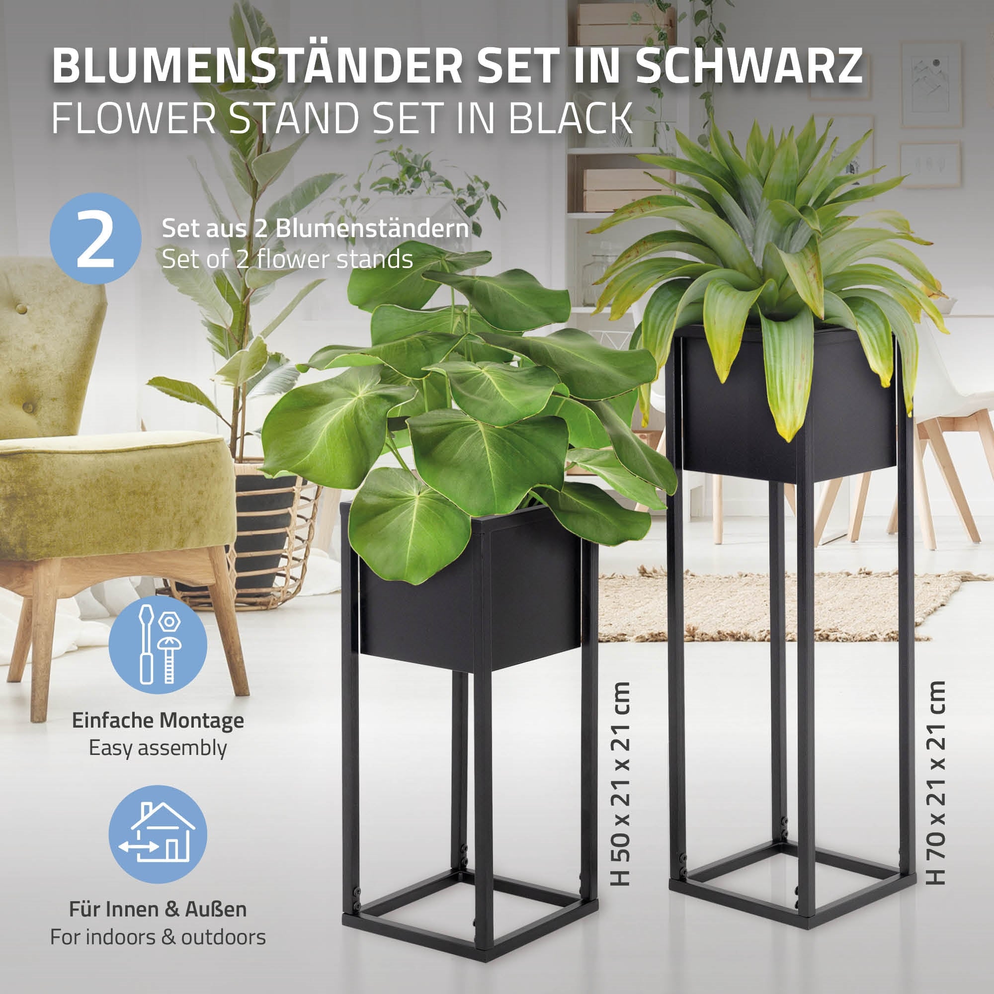 Zwei schwarze Blumenständer mit Pflanzen, Maße und Montagehinweise.