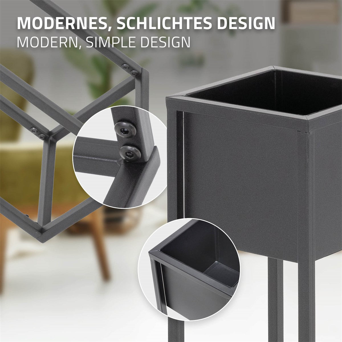Detail van een moderne plantenpot met een zwart frame.