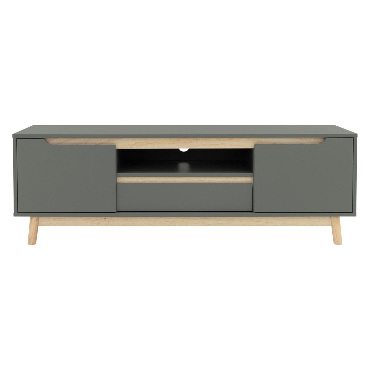 Ein grauer TV-Schrank mit zwei Türen und einer Schublade auf Holzbeinen.