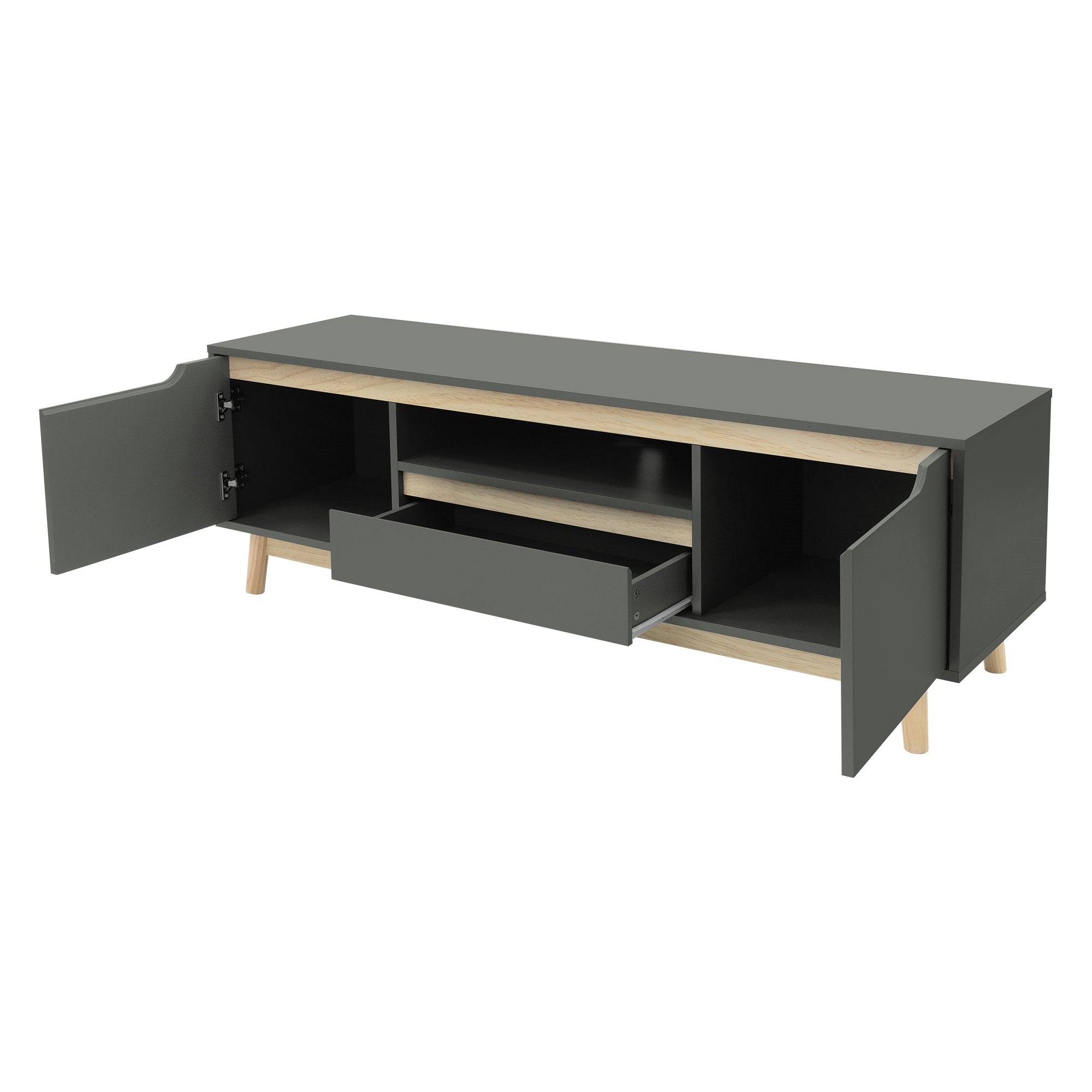 Ein grauer TV-Schrank mit zwei offenen Türen und einer Schublade.