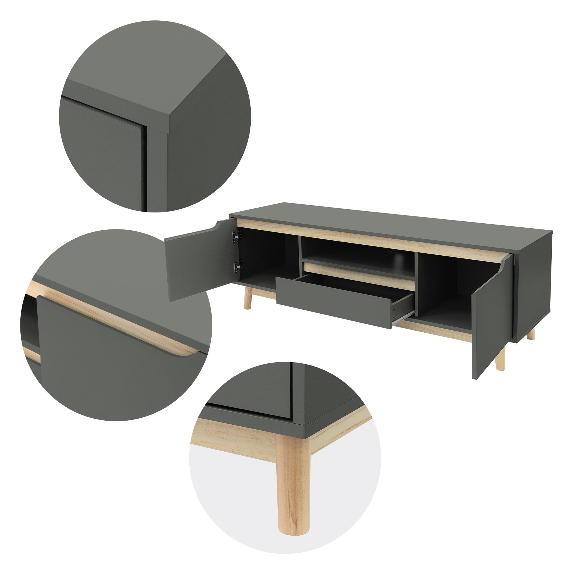 Detailansichten eines Möbelstücks mit Schublade und Holzbeinen.