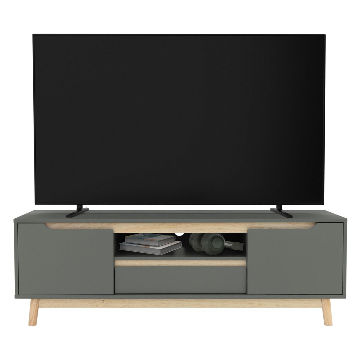 TV-Möbel in Grau mit Fernseher und dekorativen Gegenständen.