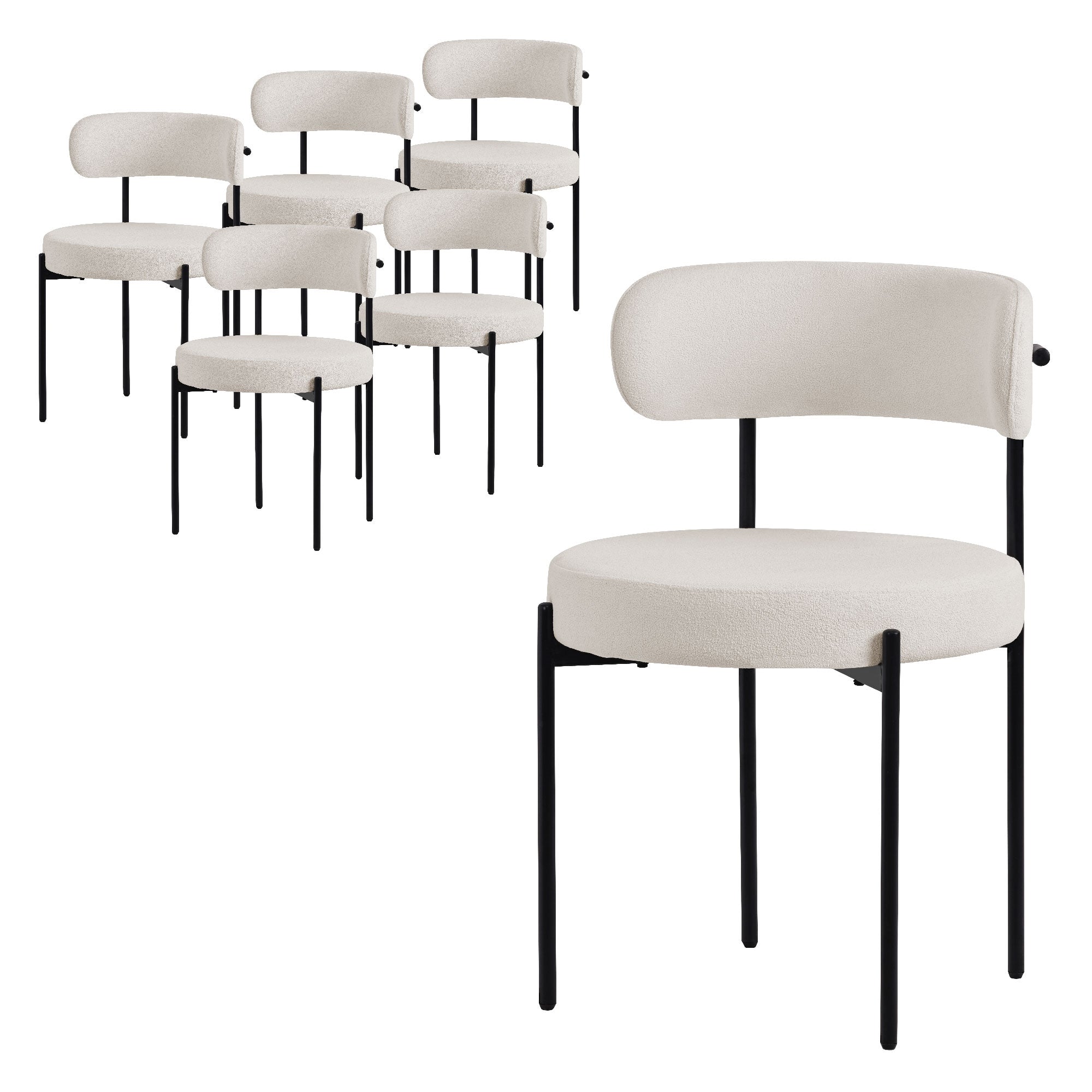 Mehrere Stühle mit runder Sitzfläche und Rückenlehne in beige, schwarzes Gestell.
