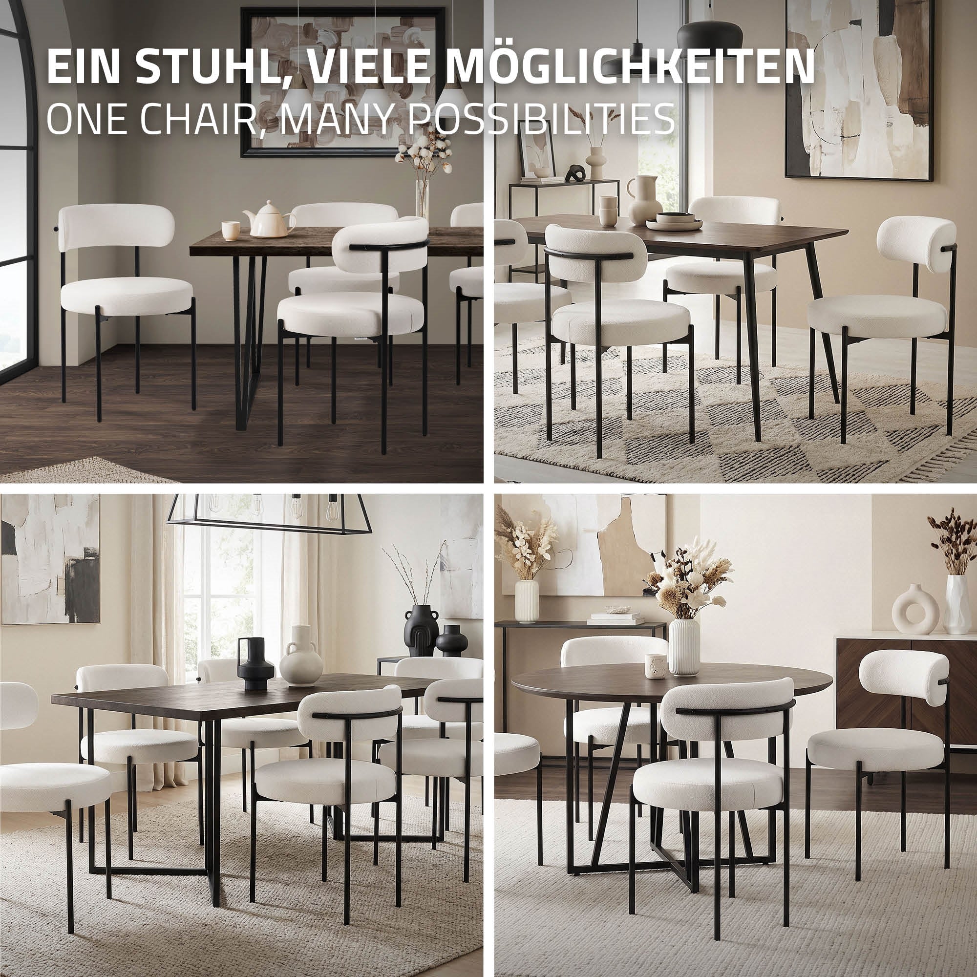 Verschiedene Stühle um einen Tisch in einem modernen Raum.