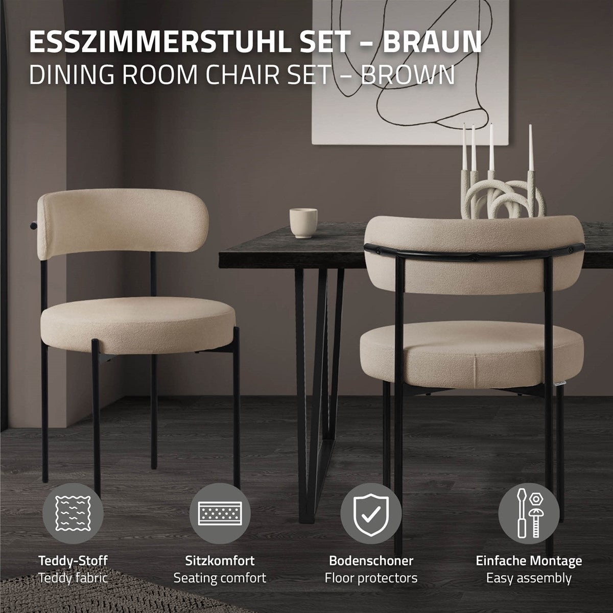 Braunes Esszimmerstuhl-Set an einem Tisch mit Dekoration.