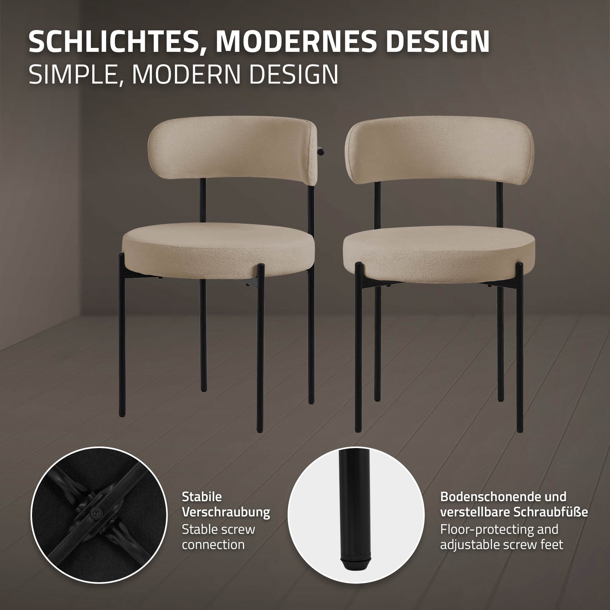 Zwei beige Stühle mit schwarzem Gestell auf einem einfarbigen Hintergrund.
