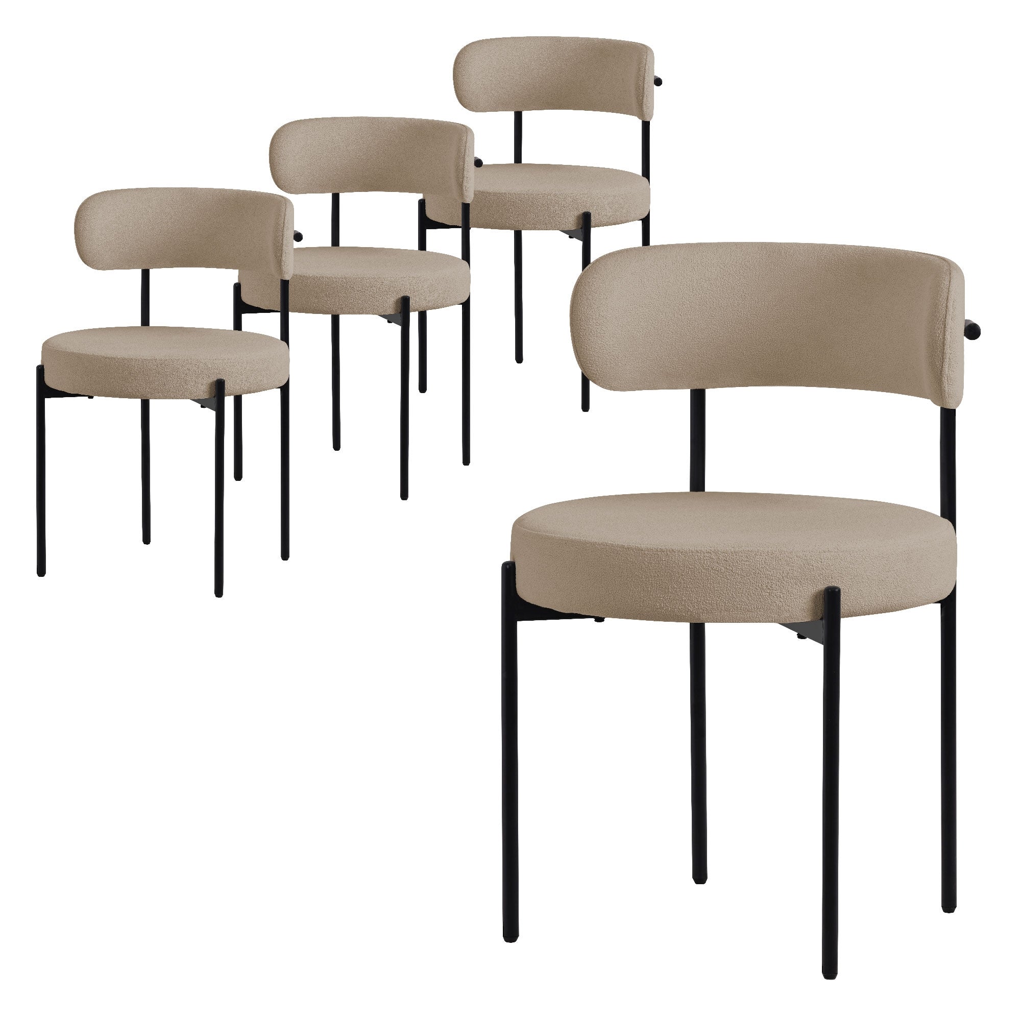 Fünf beige Stühle mit schwarzem Gestell in einer Reihe.